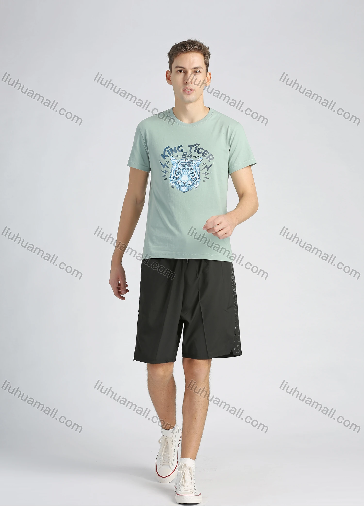 Wholesale Men's Round Neck Short Sleeve Letter & Tiger Graphic T-Shirt - Liuhuamall