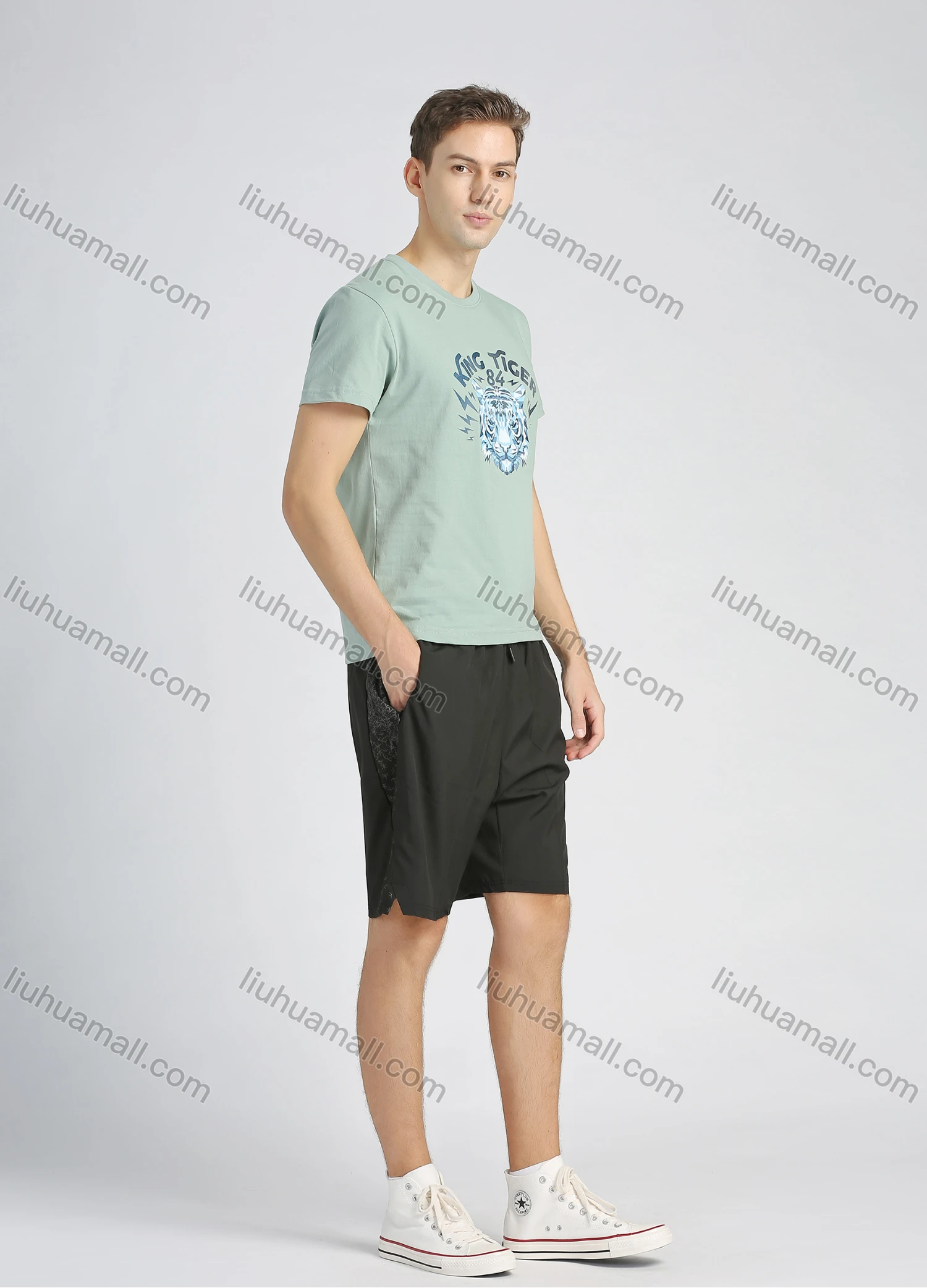 Wholesale Men's Round Neck Short Sleeve Letter & Tiger Graphic T-Shirt - Liuhuamall