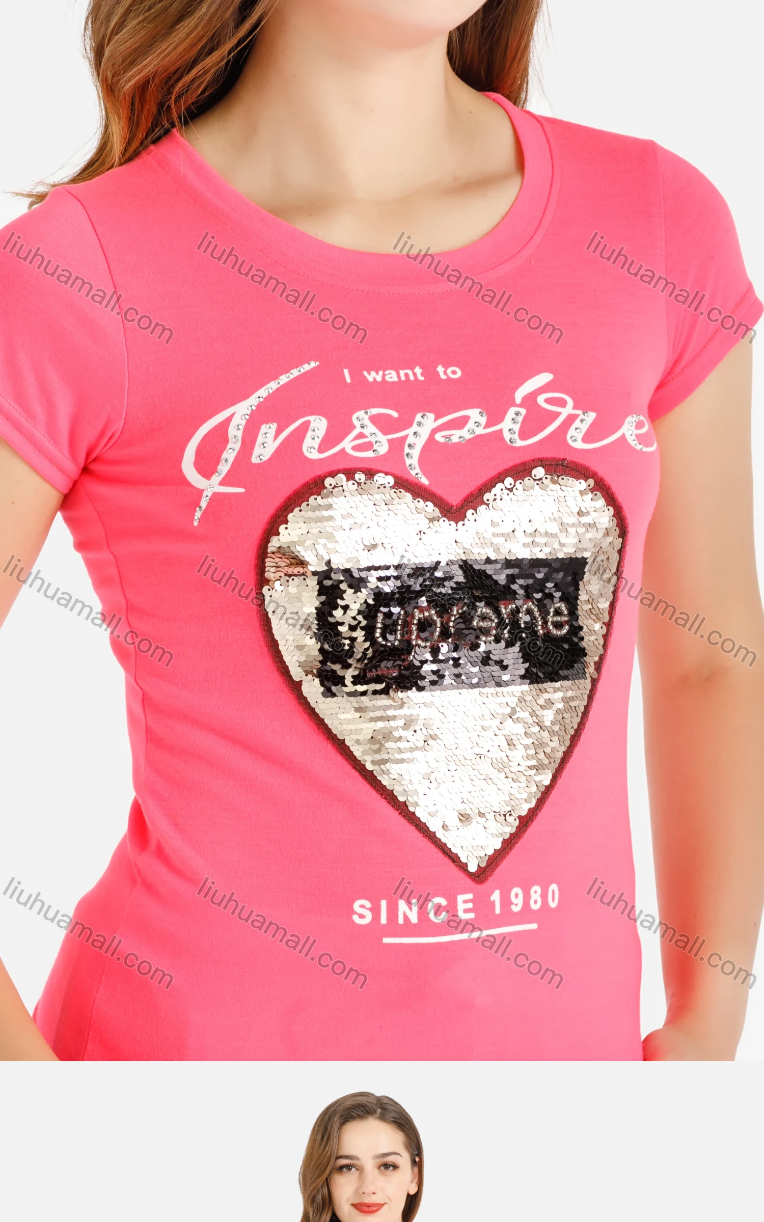 Wholesale Women's Summer Sequin Letter Print Round Neck Short Sleeve Tee - Liuhuamall