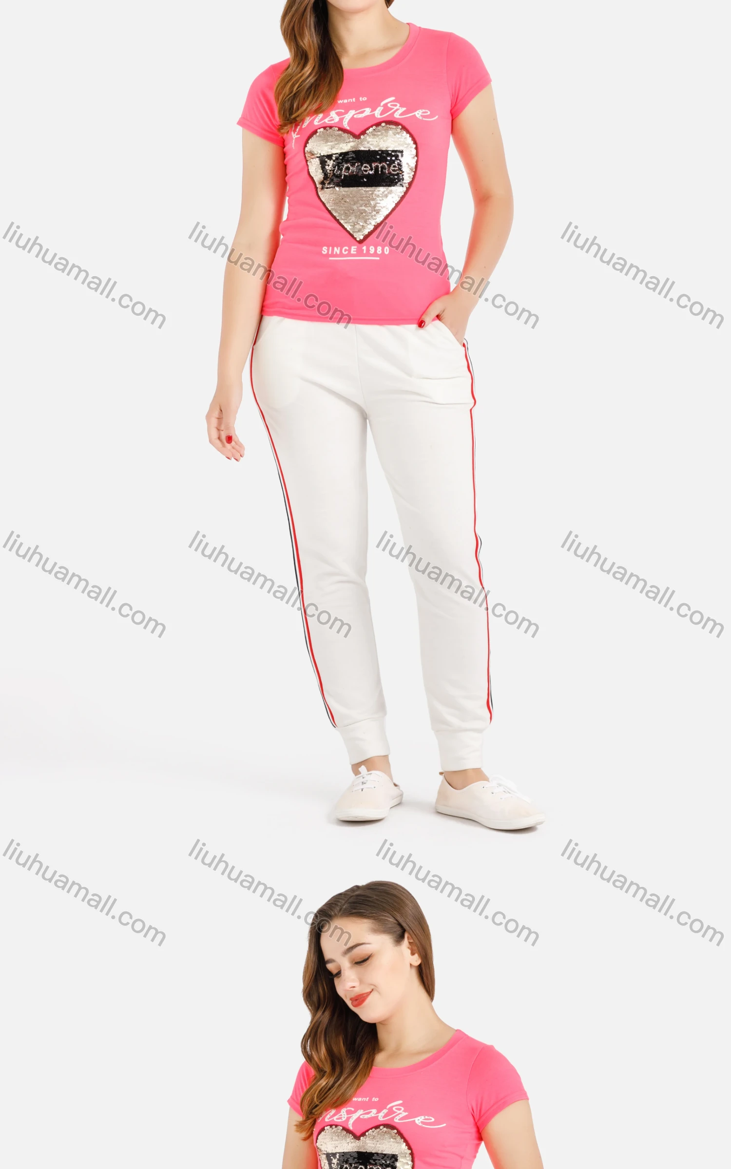 Wholesale Women's Summer Sequin Letter Print Round Neck Short Sleeve Tee - Liuhuamall