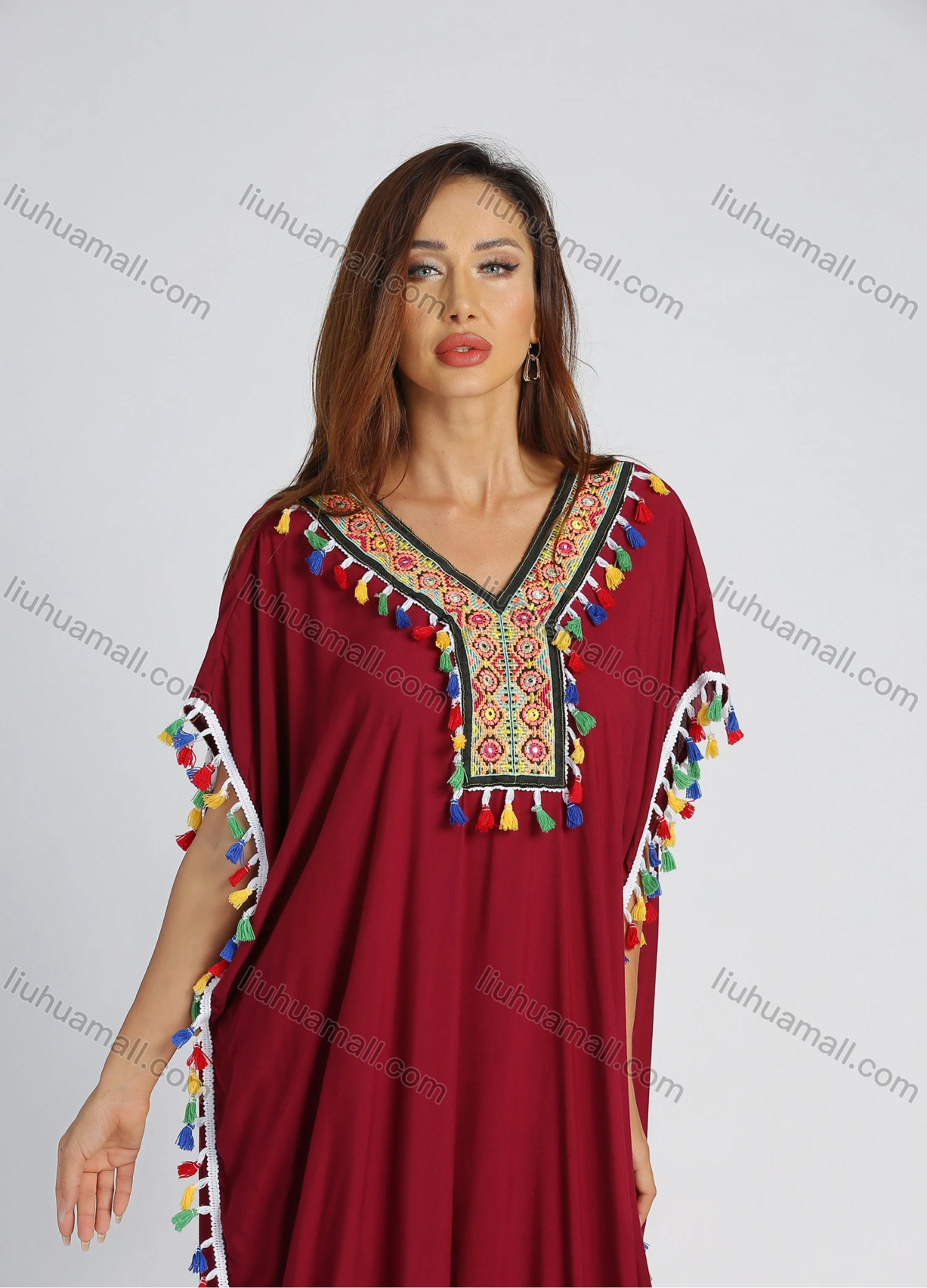 Wholesale Women's Embroidery Batwing Sleeve Fringe Trim Maxi Kaftan With Scarf - Liuhuamall