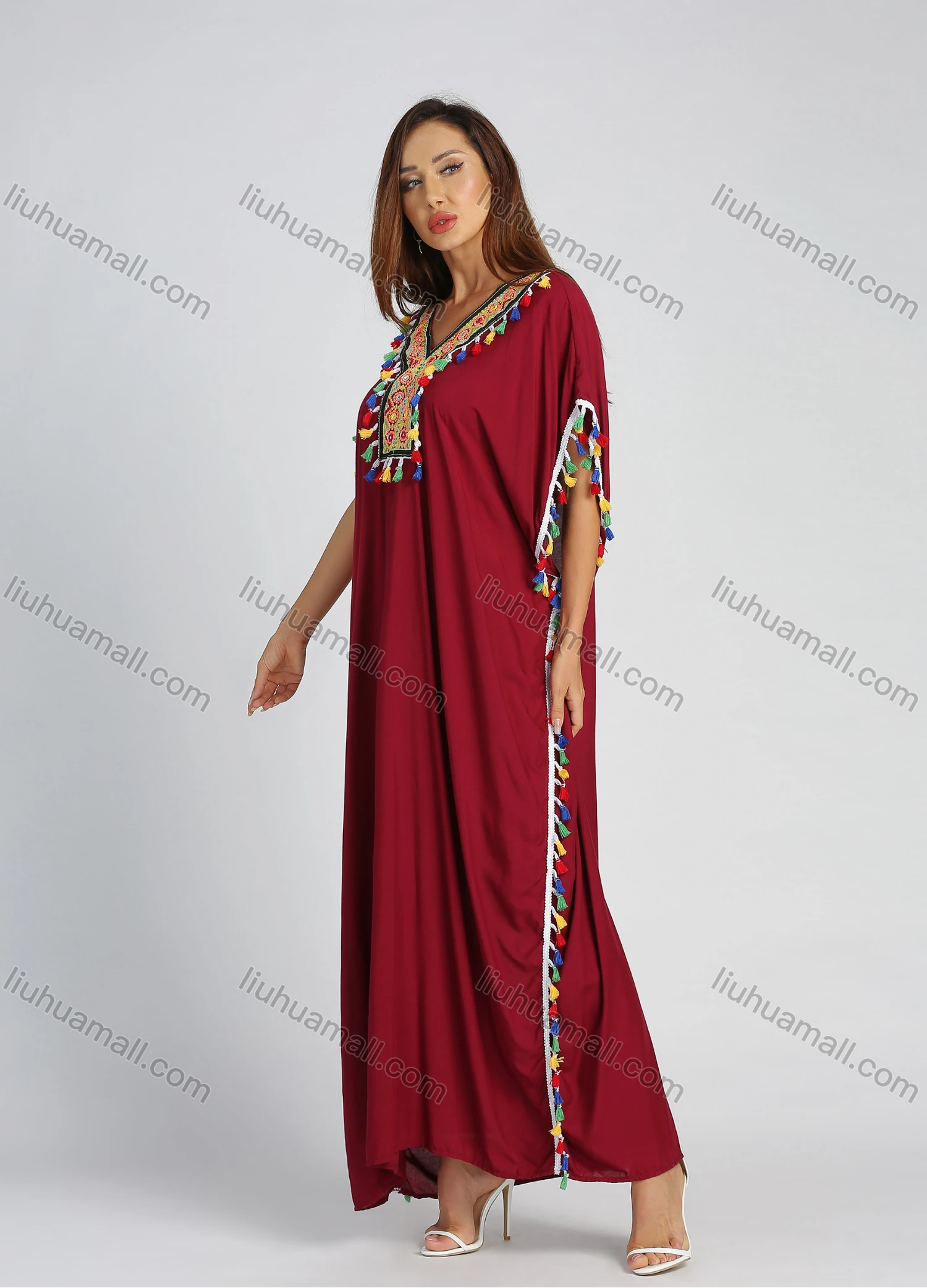 Wholesale Women's Embroidery Batwing Sleeve Fringe Trim Maxi Kaftan With Scarf - Liuhuamall