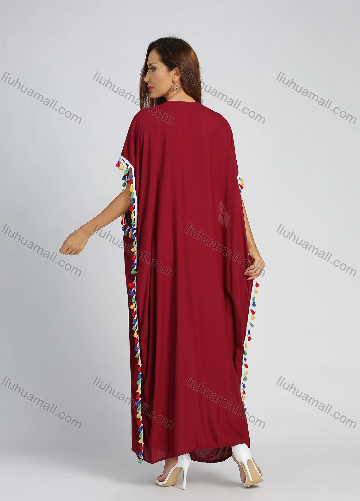 Wholesale Women's Embroidery Batwing Sleeve Fringe Trim Maxi Kaftan With Scarf - Liuhuamall