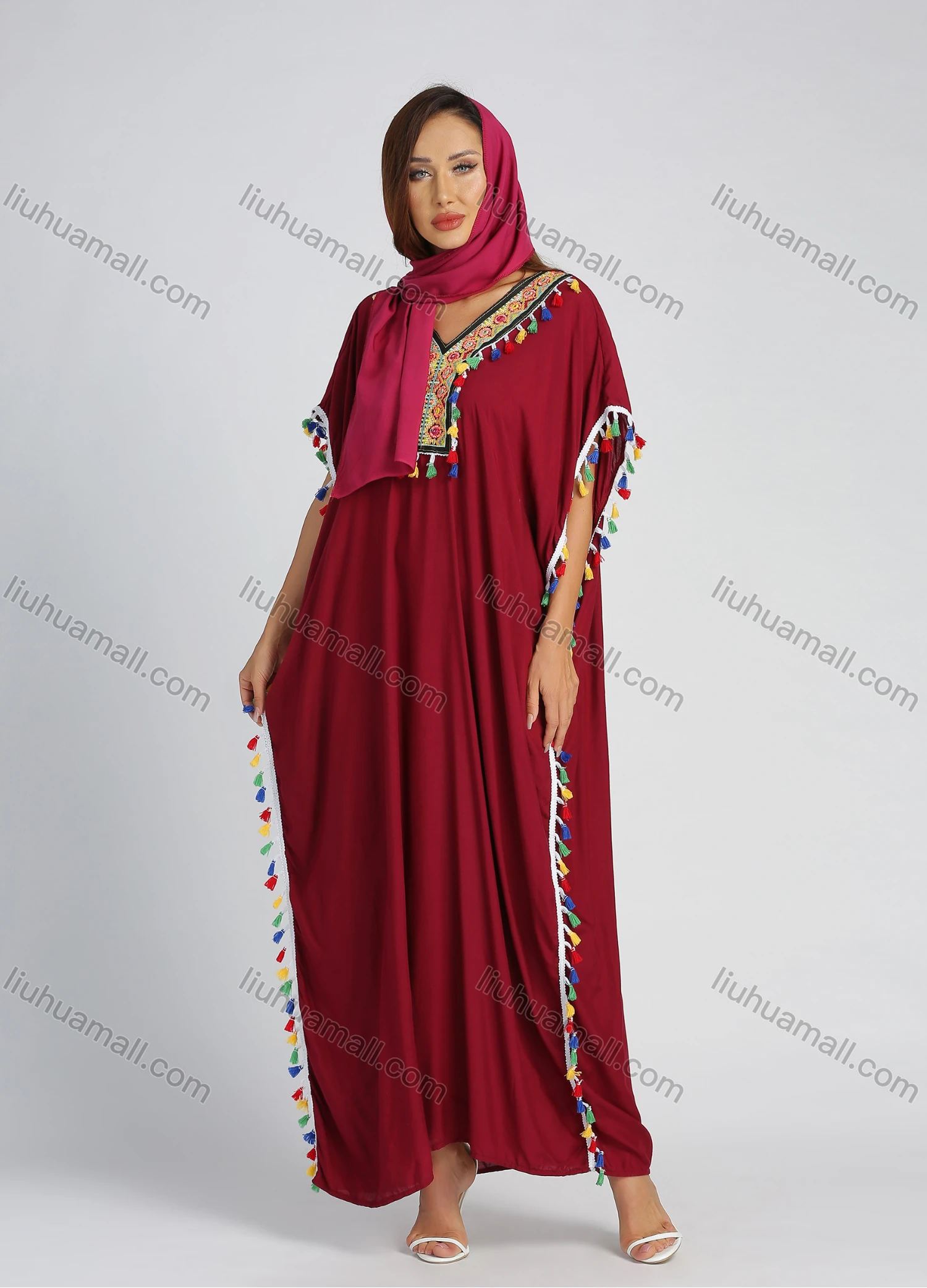 Wholesale Women's Embroidery Batwing Sleeve Fringe Trim Maxi Kaftan With Scarf - Liuhuamall