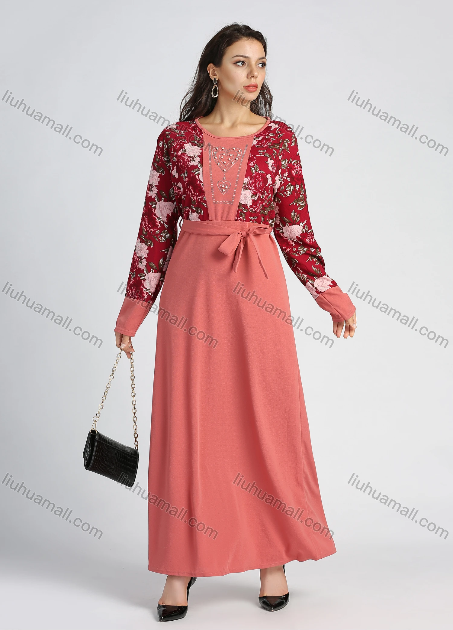 Wholesale Women's Long Sleeve Round Neck Floral Print Splicing A-line Maxi Dress With Belt - Liuhuamall