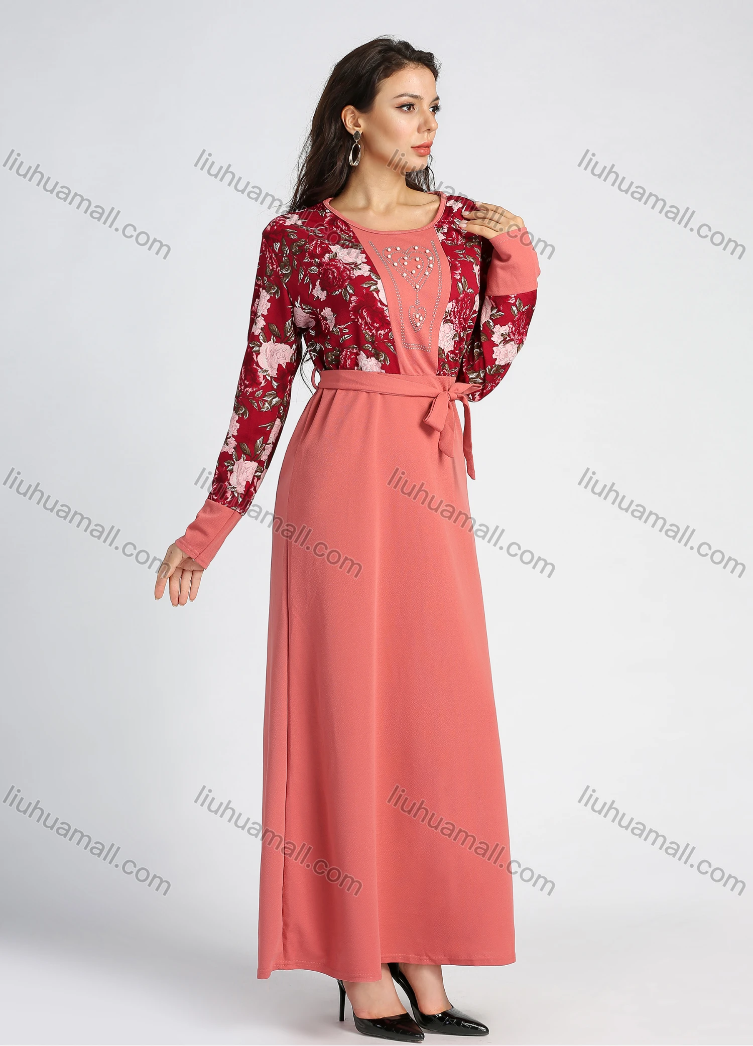 Wholesale Women's Long Sleeve Round Neck Floral Print Splicing A-line Maxi Dress With Belt - Liuhuamall