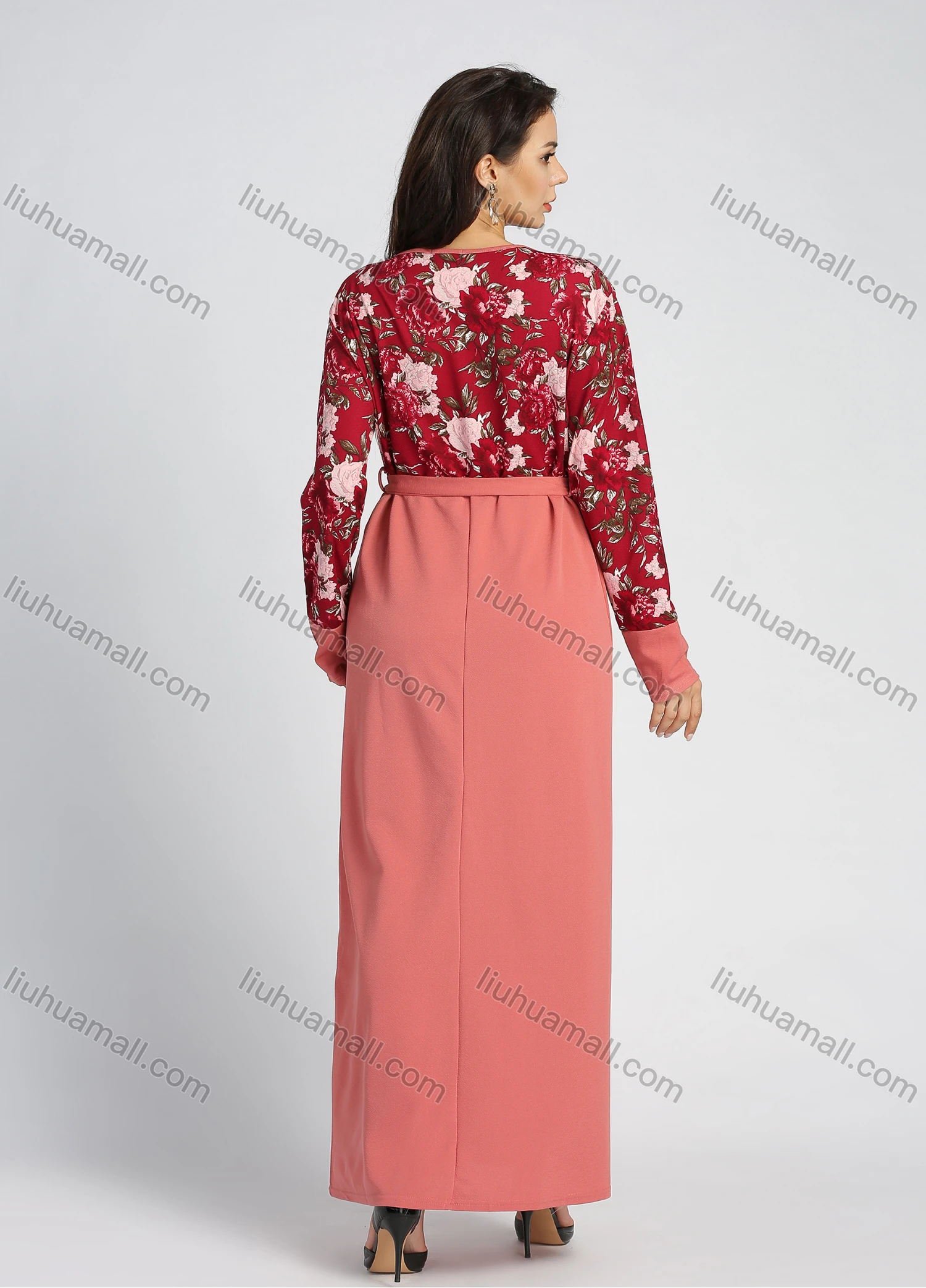 Wholesale Women's Long Sleeve Round Neck Floral Print Splicing A-line Maxi Dress With Belt - Liuhuamall