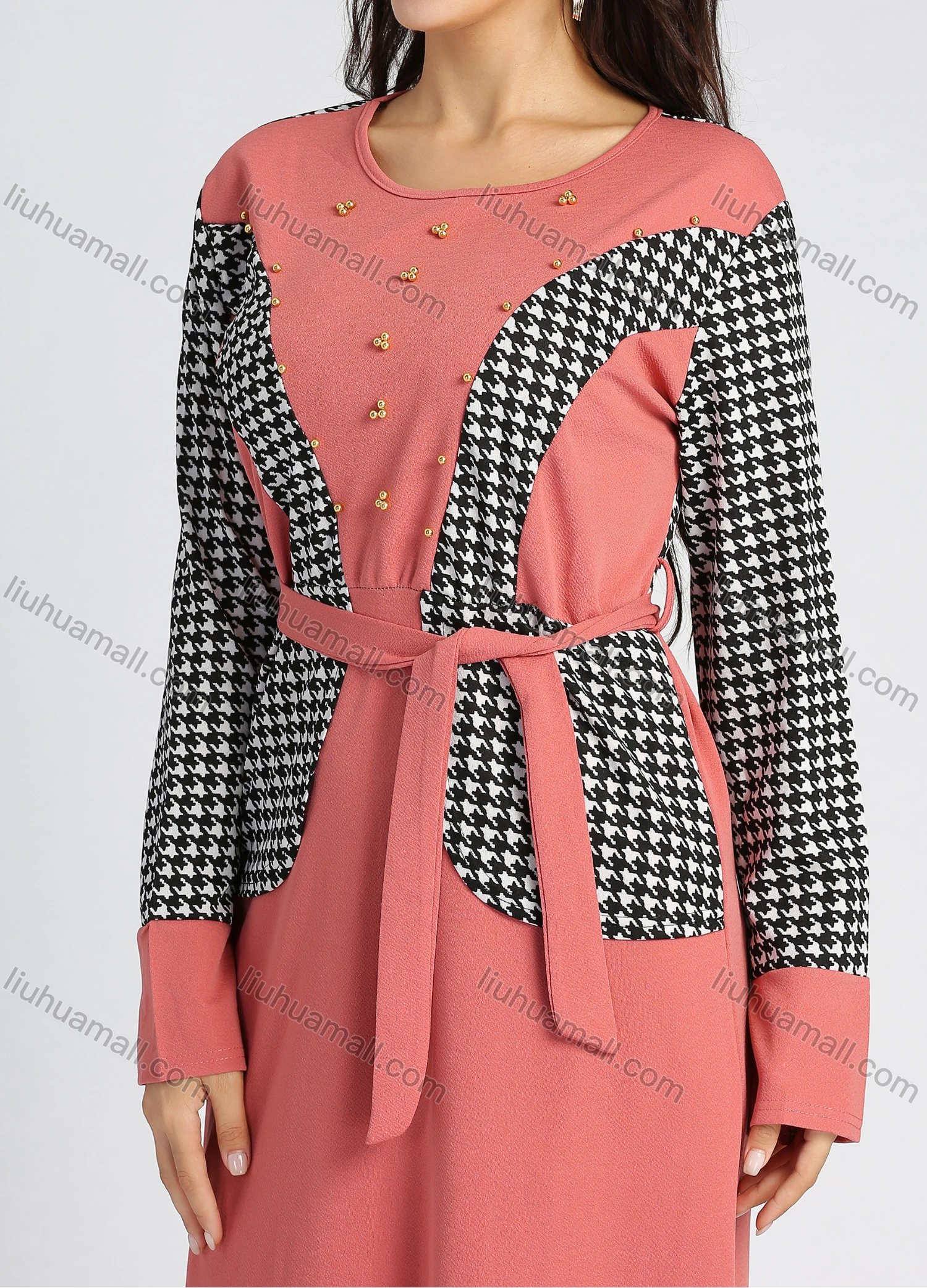 Wholesale Women's Long Sleeve Round Neck Houndstooth Splicing A-line Maxi Dress With Belt - Liuhuamall