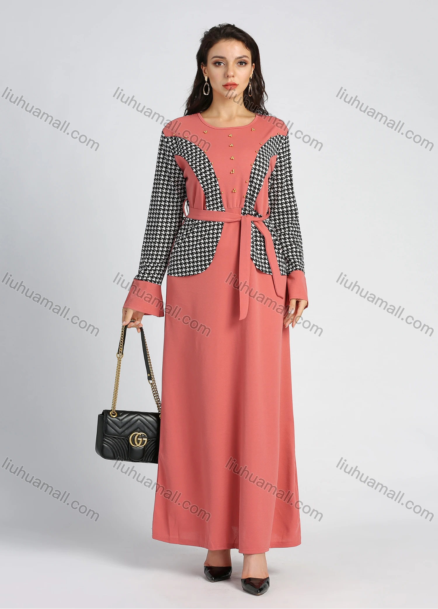 Wholesale Women's Long Sleeve Round Neck Houndstooth Splicing A-line Maxi Dress With Belt - Liuhuamall