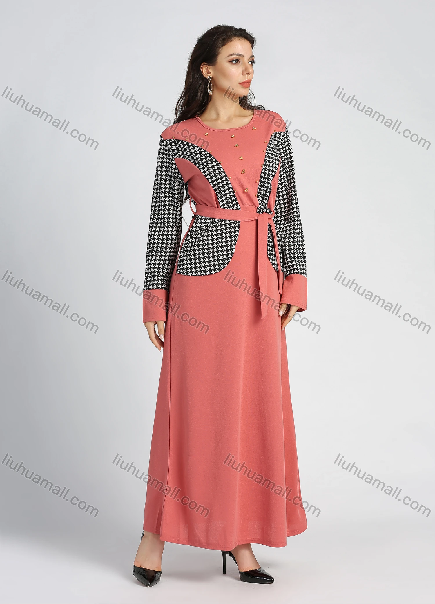 Wholesale Women's Long Sleeve Round Neck Houndstooth Splicing A-line Maxi Dress With Belt - Liuhuamall