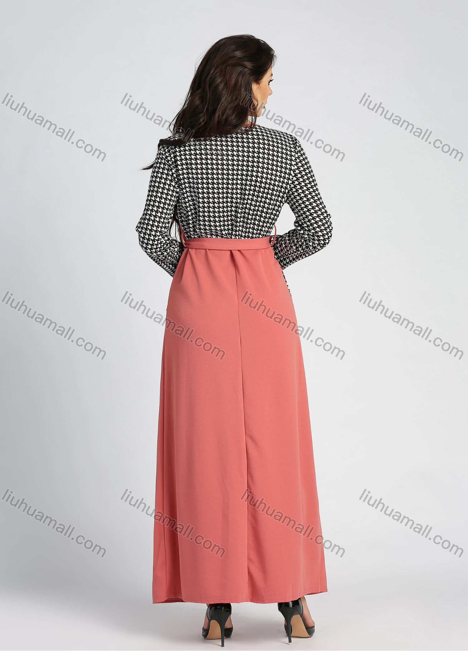 Wholesale Women's Long Sleeve Round Neck Houndstooth Splicing A-line Maxi Dress With Belt - Liuhuamall