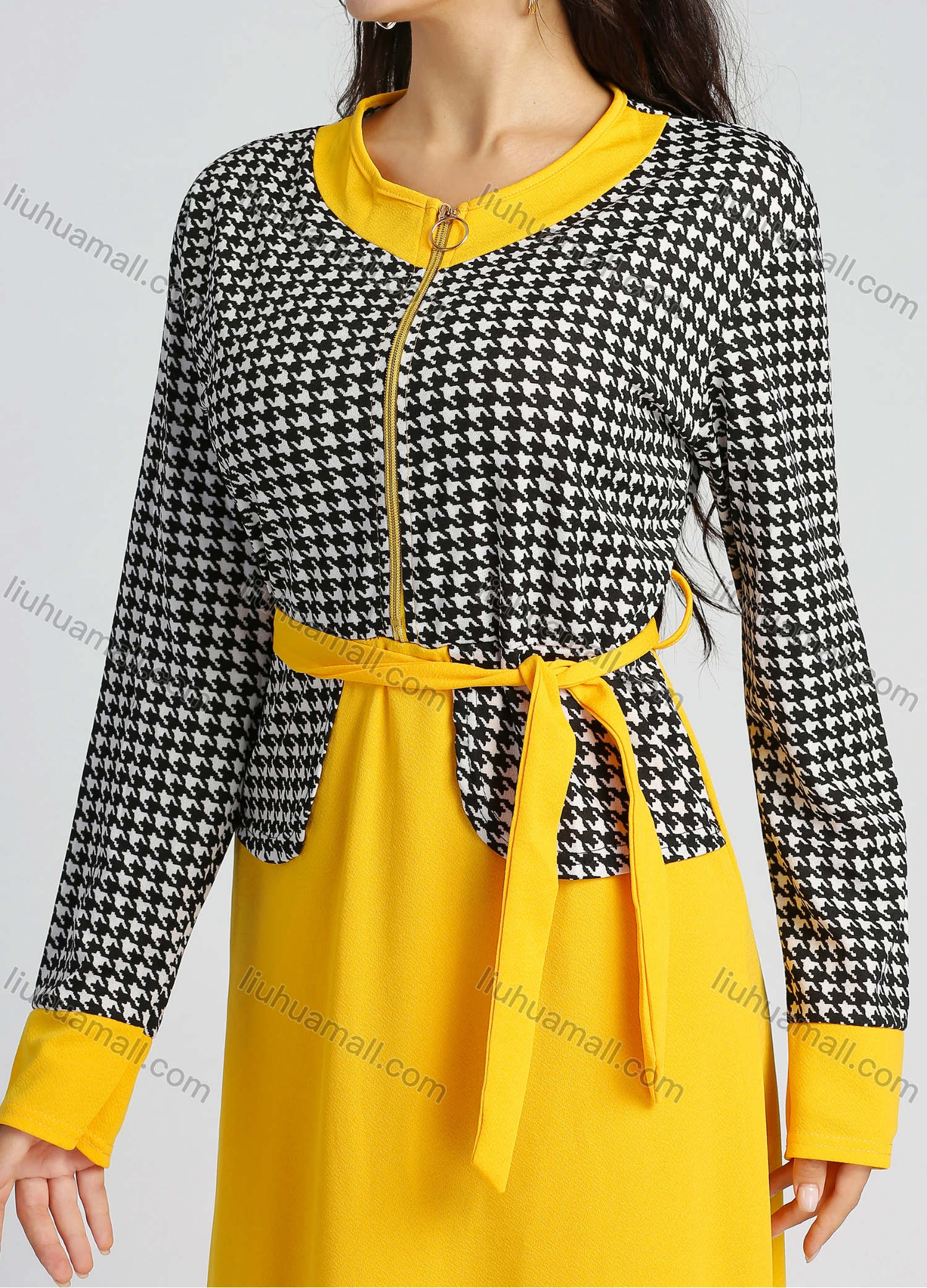 Wholesale Women's Quarter Zip Long Sleeve Round Neck Houndstooth Splicing A-line Maxi Dress With Belt - Liuhuamall