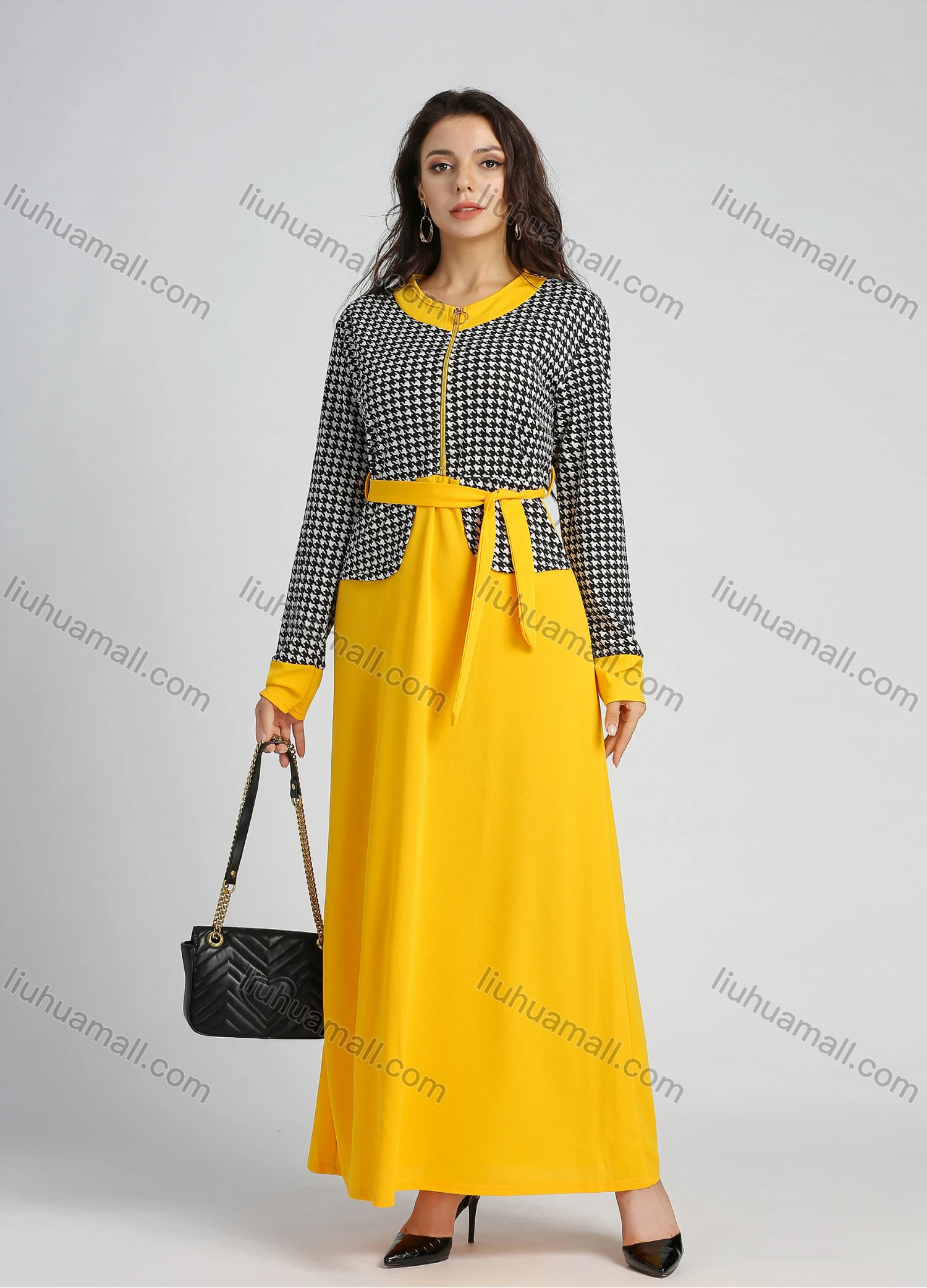 Wholesale Women's Quarter Zip Long Sleeve Round Neck Houndstooth Splicing A-line Maxi Dress With Belt - Liuhuamall