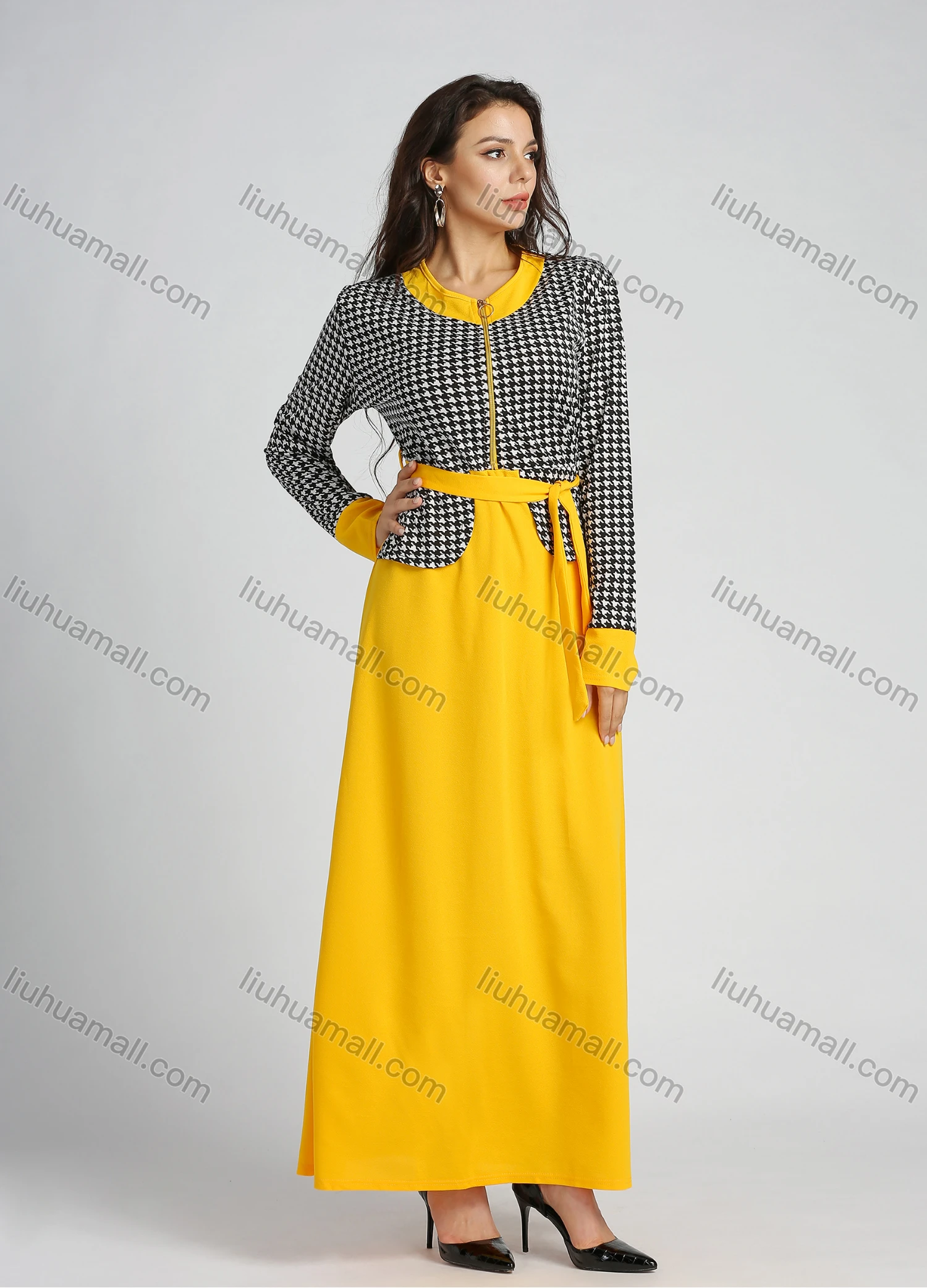 Wholesale Women's Quarter Zip Long Sleeve Round Neck Houndstooth Splicing A-line Maxi Dress With Belt - Liuhuamall
