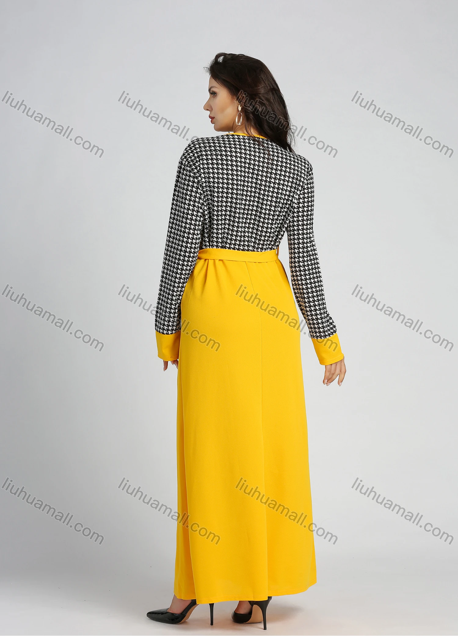 Wholesale Women's Quarter Zip Long Sleeve Round Neck Houndstooth Splicing A-line Maxi Dress With Belt - Liuhuamall