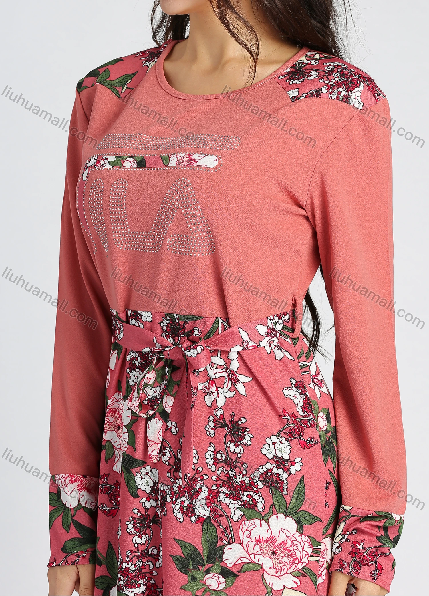 Wholesale Women's Long Sleeve Round Neck Floral Print Splicing A-line Maxi Dress - Liuhuamall