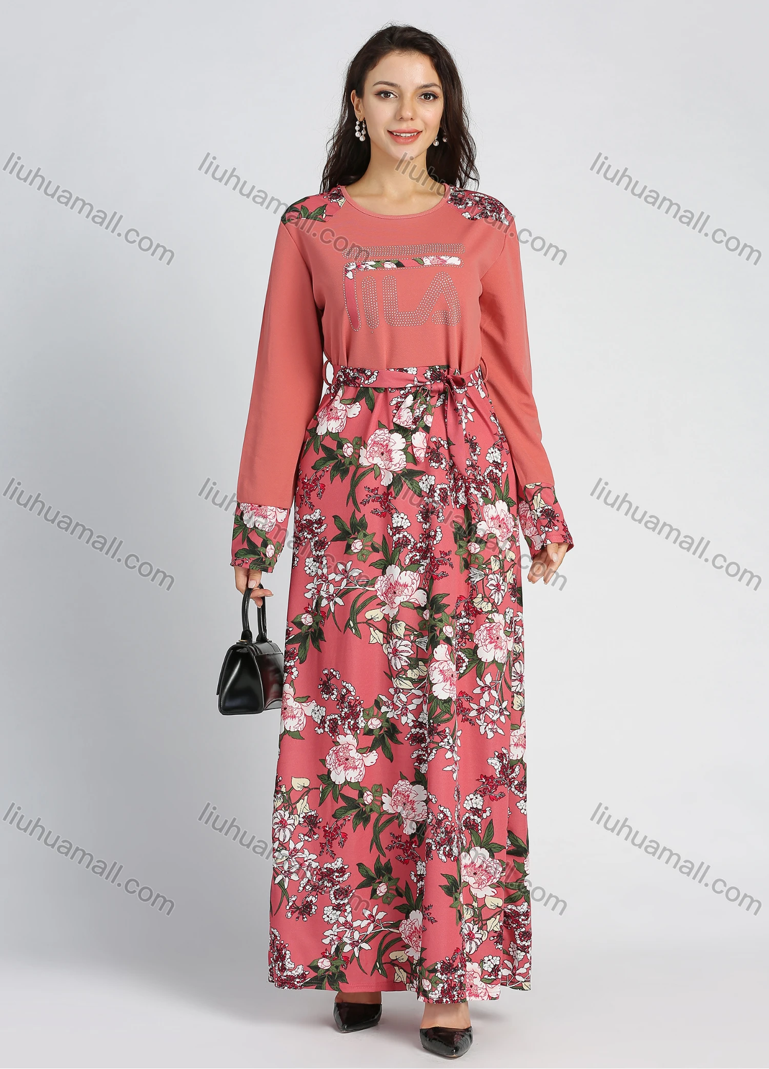 Wholesale Women's Long Sleeve Round Neck Floral Print Splicing A-line Maxi Dress - Liuhuamall