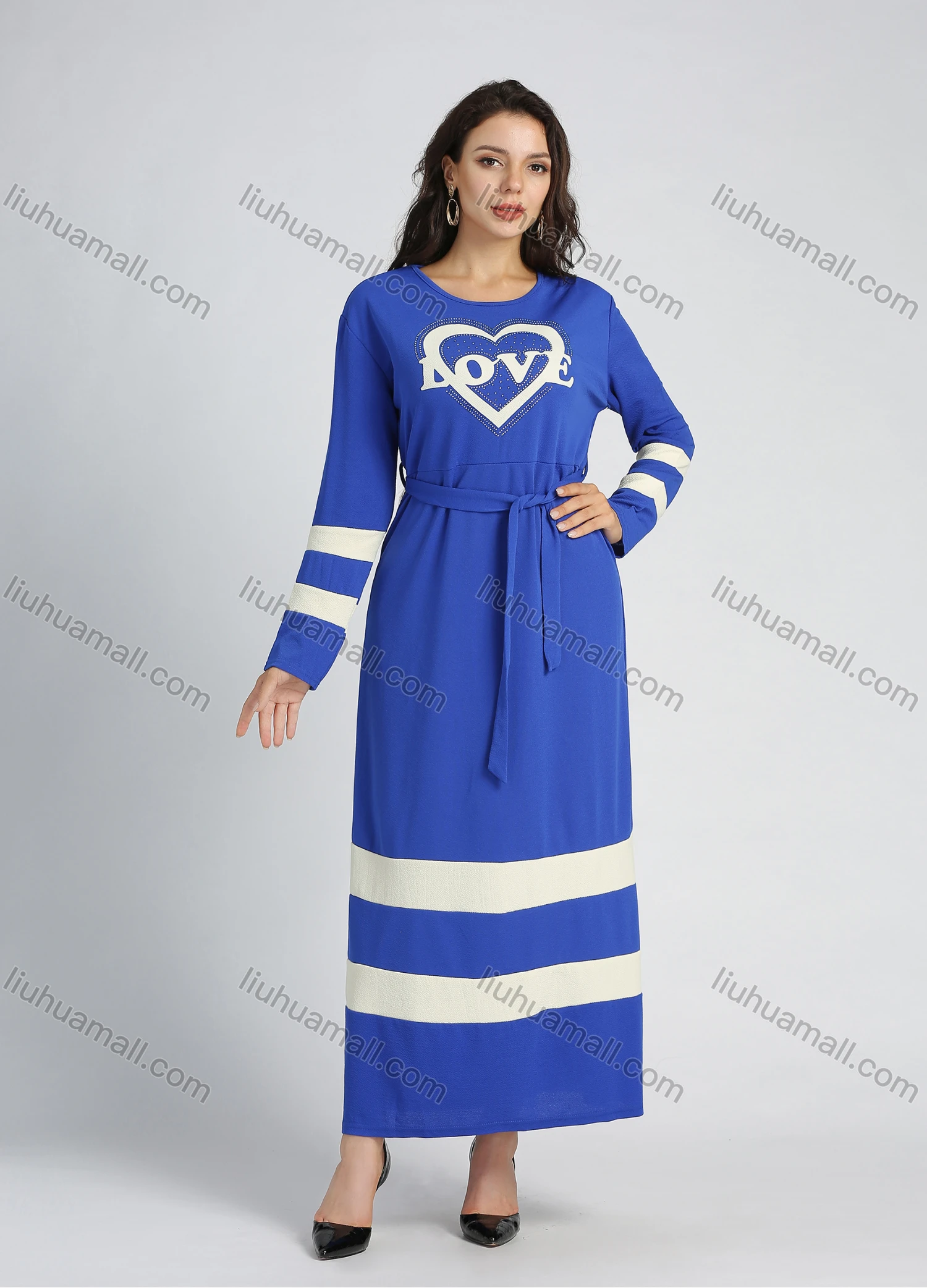 Wholesale Women's Casual Long Sleeve Round Neck Splicing Letter Print A-line Maxi Dress - Liuhuamall