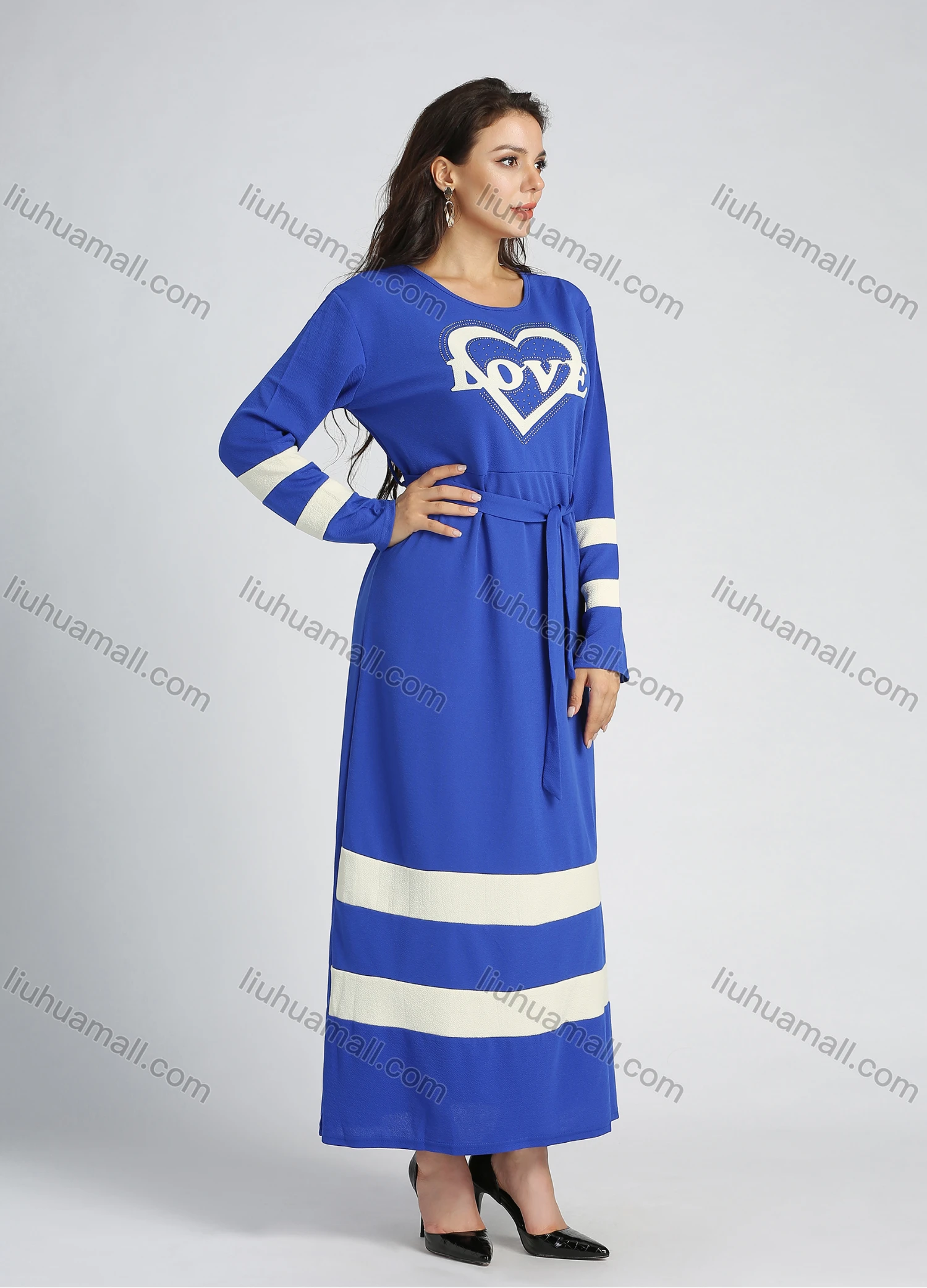 Wholesale Women's Casual Long Sleeve Round Neck Splicing Letter Print A-line Maxi Dress - Liuhuamall