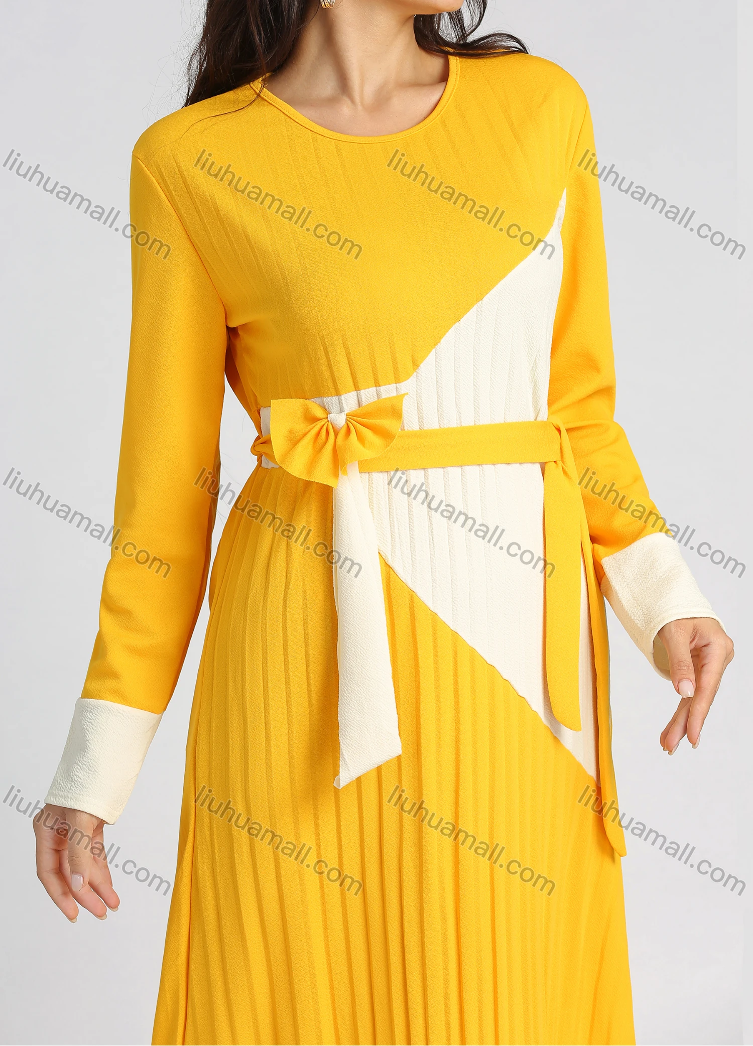 Wholesale Women's Casual Long Sleeve Round Neck Colorblock Pleated Maxi Dress With Belt - Liuhuamall