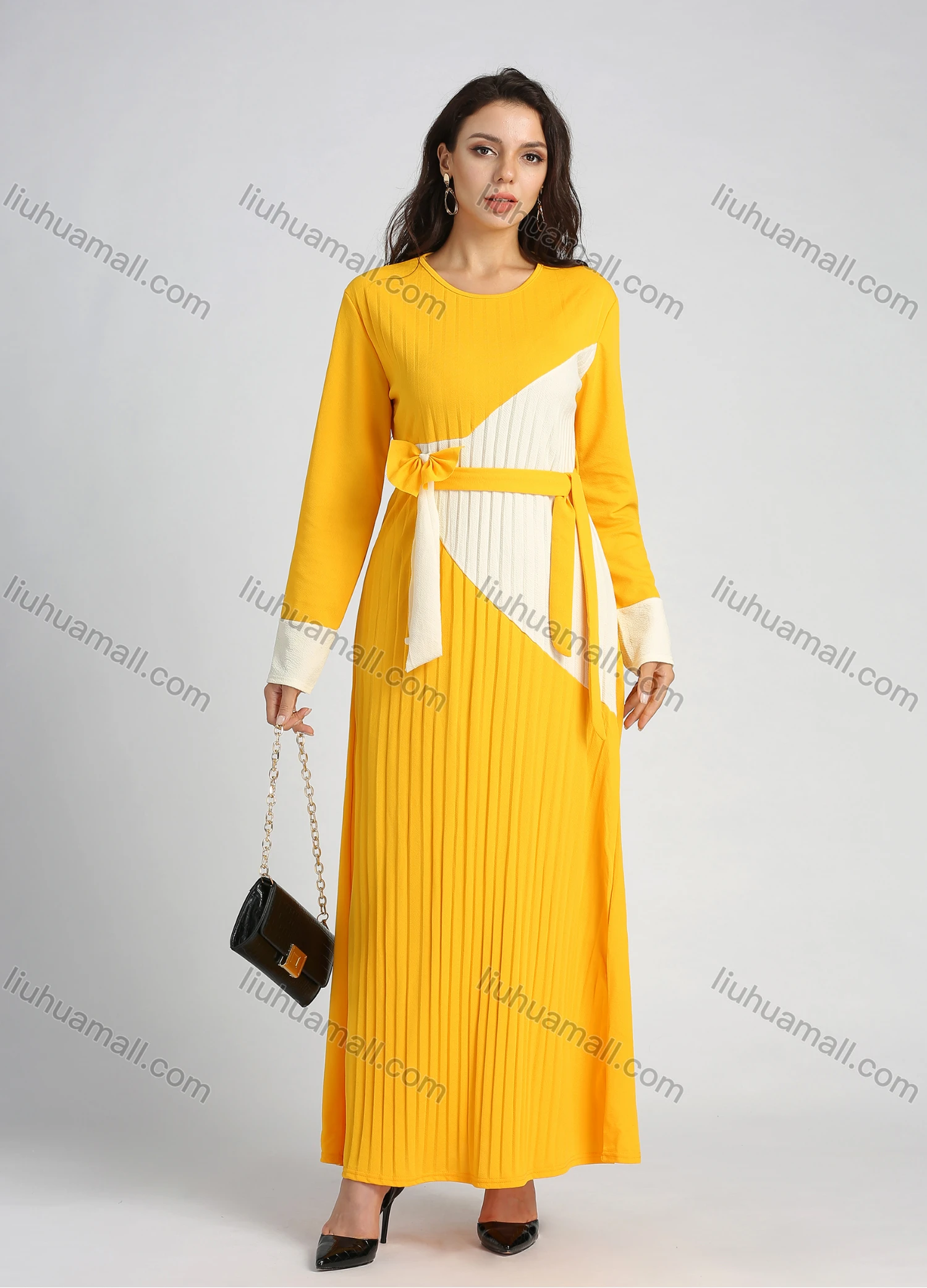 Wholesale Women's Casual Long Sleeve Round Neck Colorblock Pleated Maxi Dress With Belt - Liuhuamall