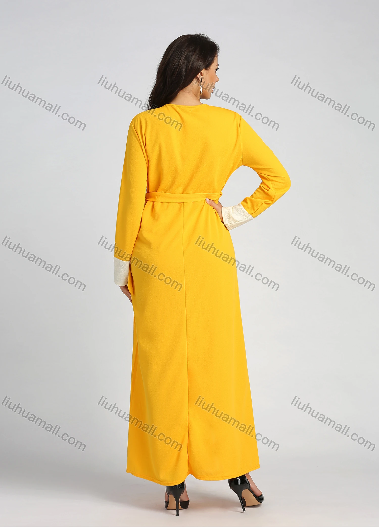 Wholesale Women's Casual Long Sleeve Round Neck Colorblock Pleated Maxi Dress With Belt - Liuhuamall