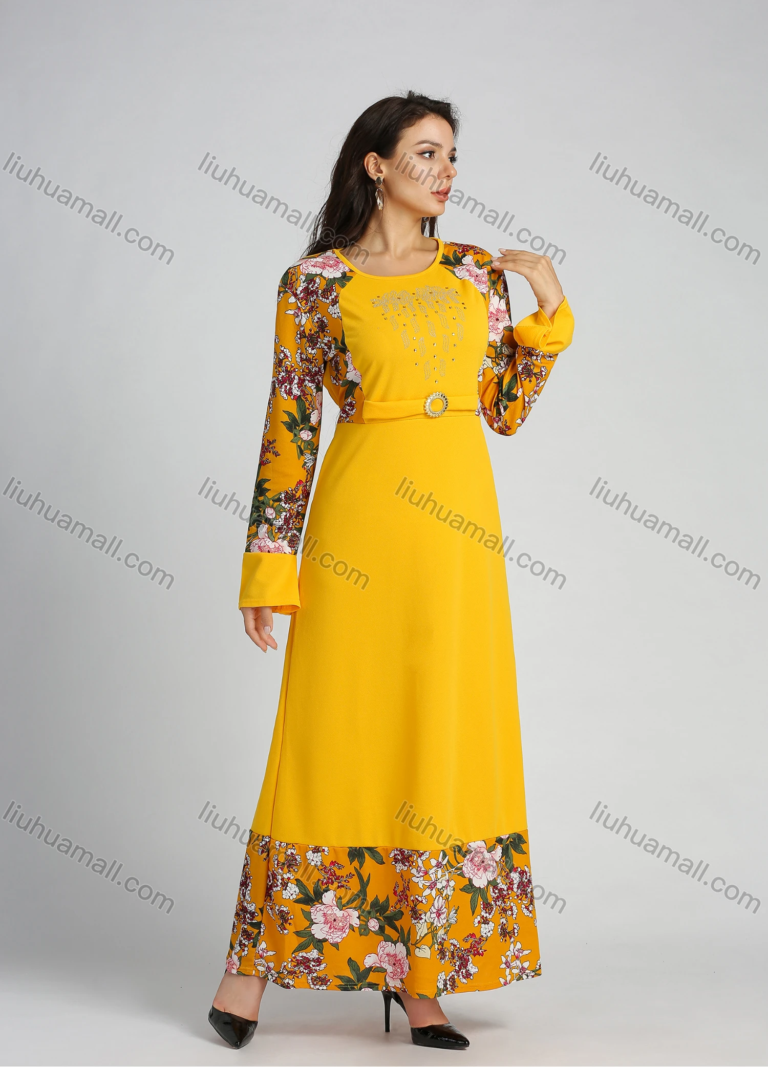 Wholesale Women's Bell Sleeve Round Neck Floral Print Splicing Rhinestone Maxi Dress With Belt - Liuhuamall