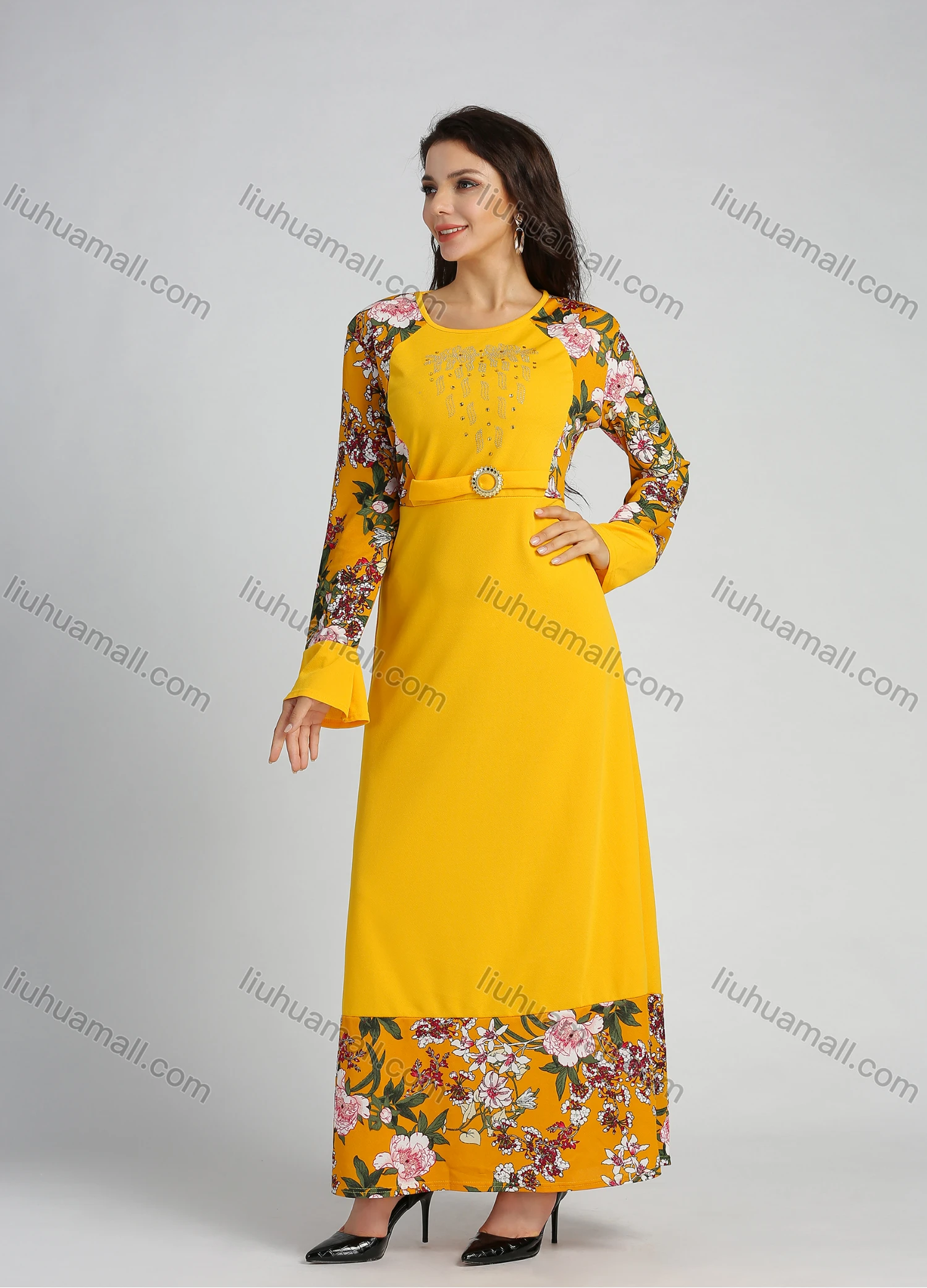 Wholesale Women's Bell Sleeve Round Neck Floral Print Splicing Rhinestone Maxi Dress With Belt - Liuhuamall