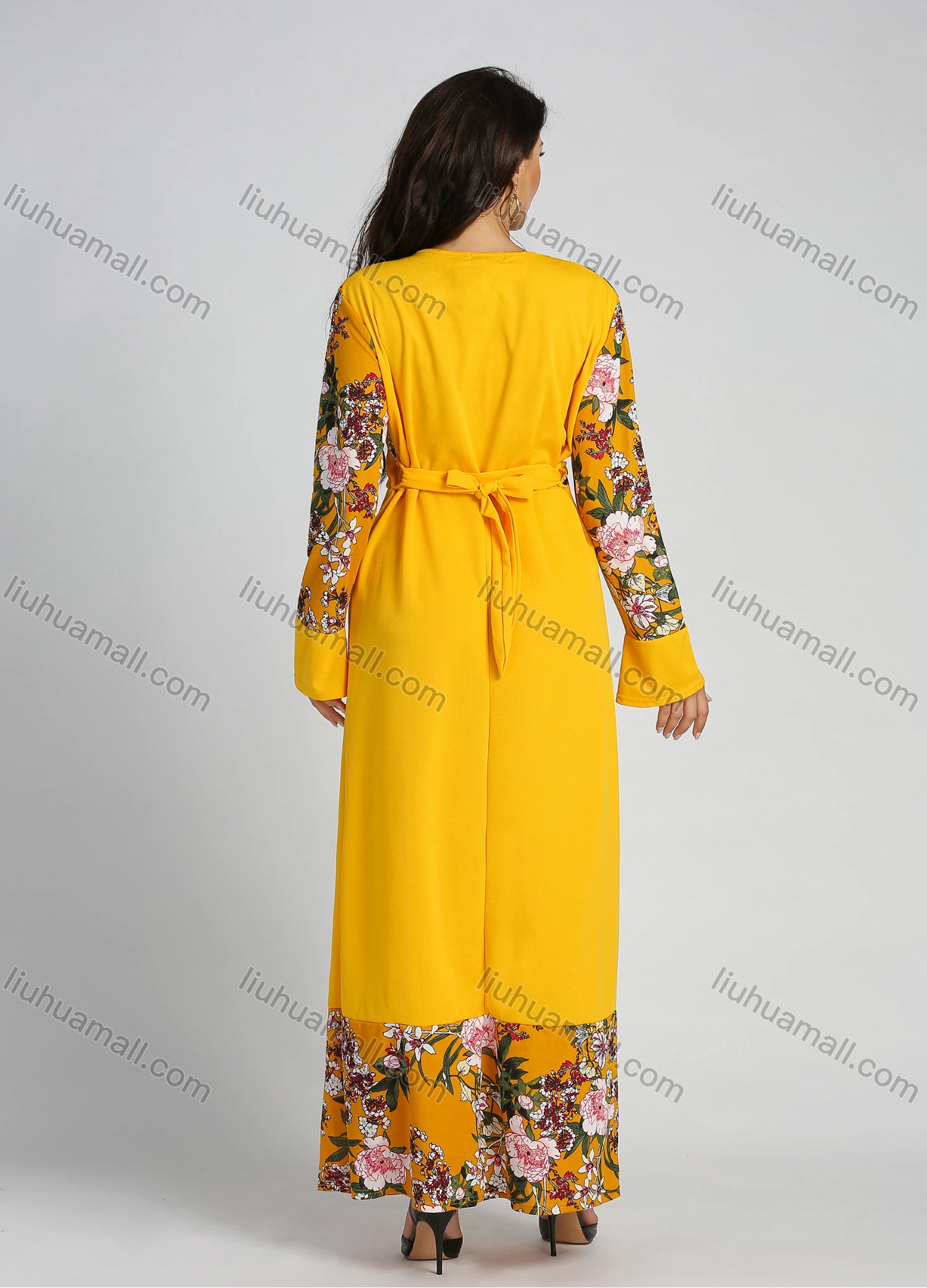 Wholesale Women's Bell Sleeve Round Neck Floral Print Splicing Rhinestone Maxi Dress With Belt - Liuhuamall