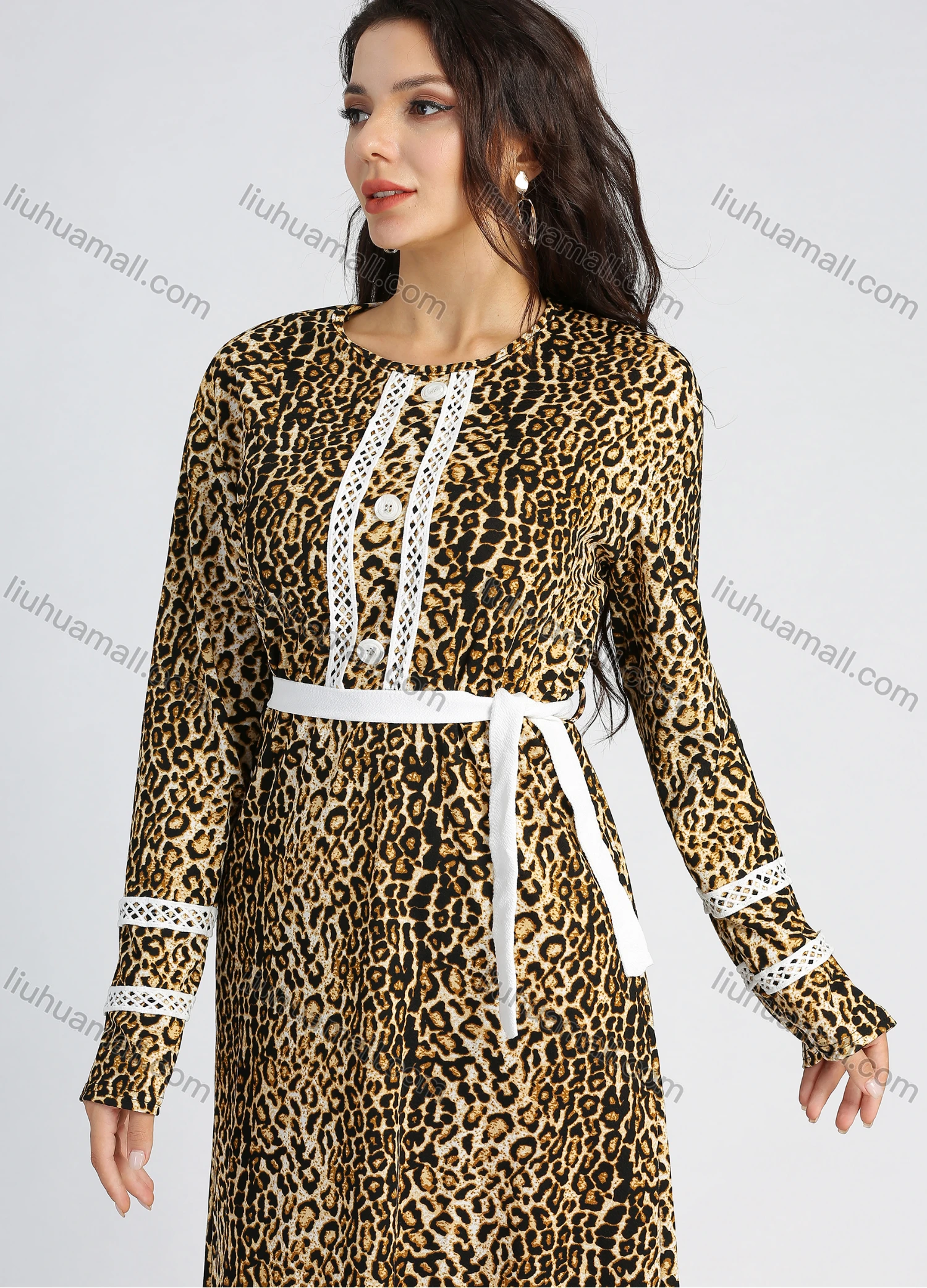 Wholesale Women's Long Sleeve Round Neck Allover Leopard Print Maxi Dress With Belt - Liuhuamall