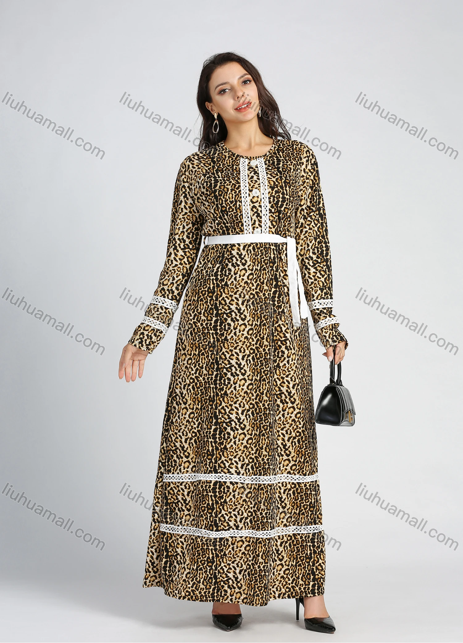 Wholesale Women's Long Sleeve Round Neck Allover Leopard Print Maxi Dress With Belt - Liuhuamall