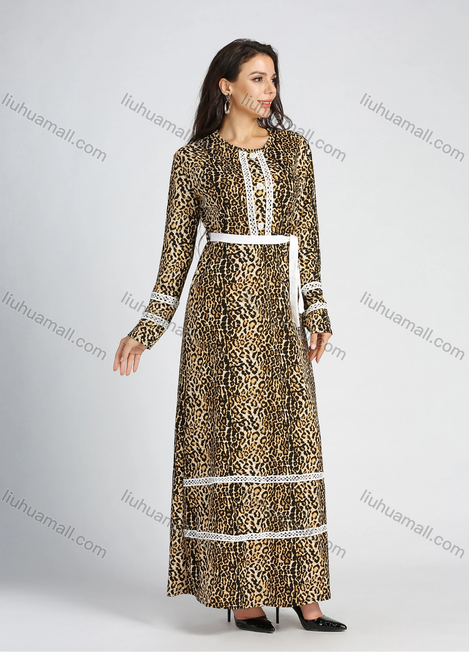 Wholesale Women's Long Sleeve Round Neck Allover Leopard Print Maxi Dress With Belt - Liuhuamall