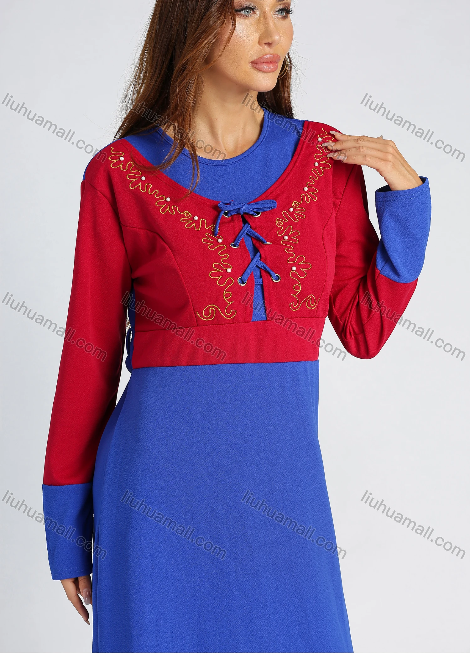 Wholesale Women's Colorblock Long Sleeve Round Neck Lace Up Front Pearl Decor Embroidery Maxi Dress - Liuhuamall
