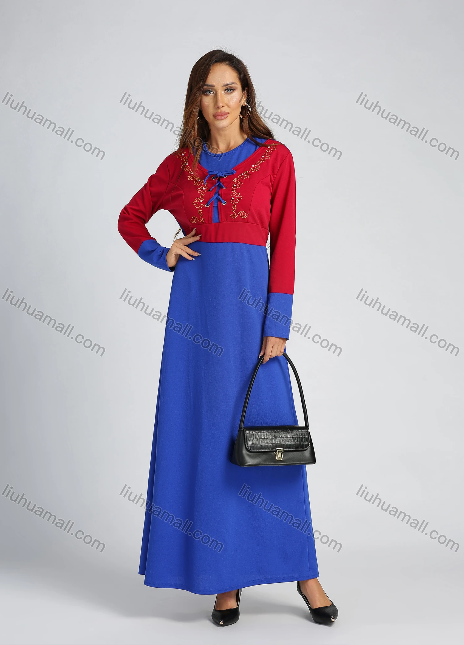 Wholesale Women's Colorblock Long Sleeve Round Neck Lace Up Front Pearl Decor Embroidery Maxi Dress - Liuhuamall