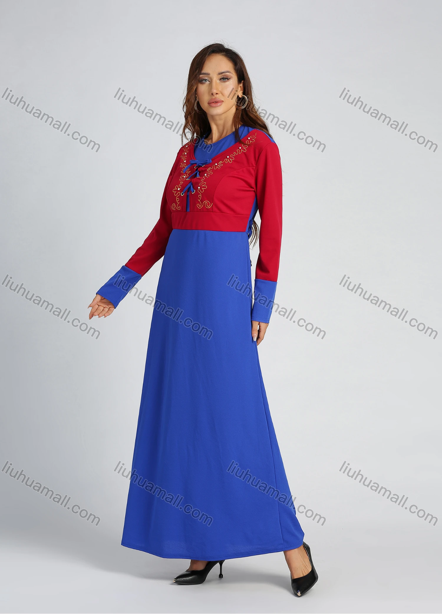 Wholesale Women's Colorblock Long Sleeve Round Neck Lace Up Front Pearl Decor Embroidery Maxi Dress - Liuhuamall