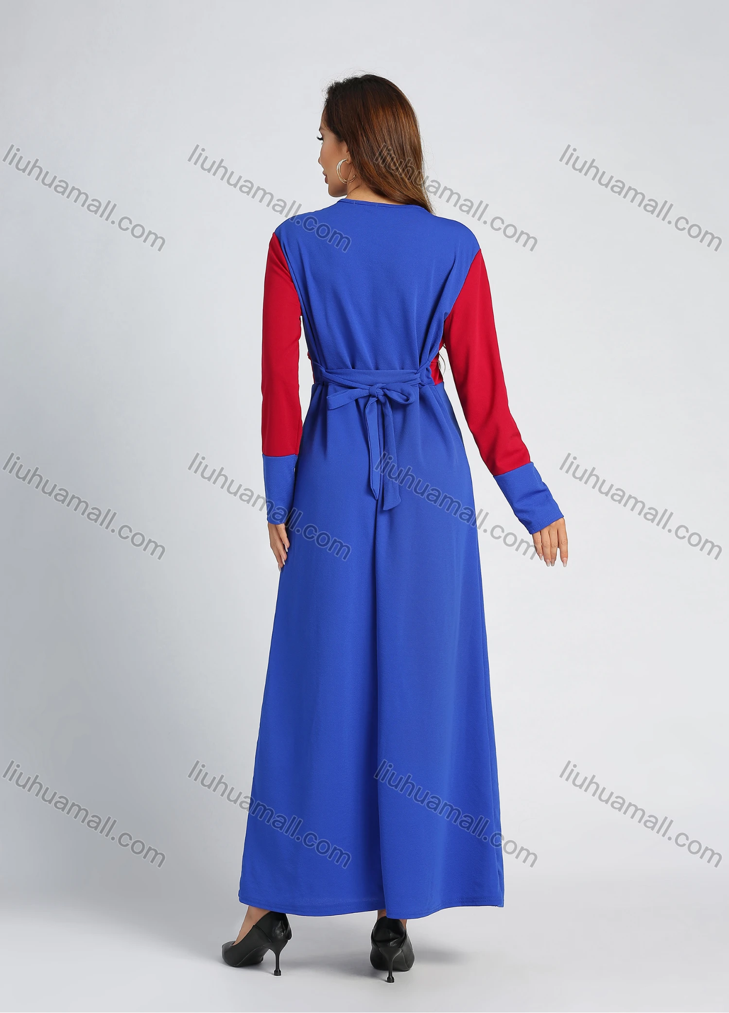 Wholesale Women's Colorblock Long Sleeve Round Neck Lace Up Front Pearl Decor Embroidery Maxi Dress - Liuhuamall