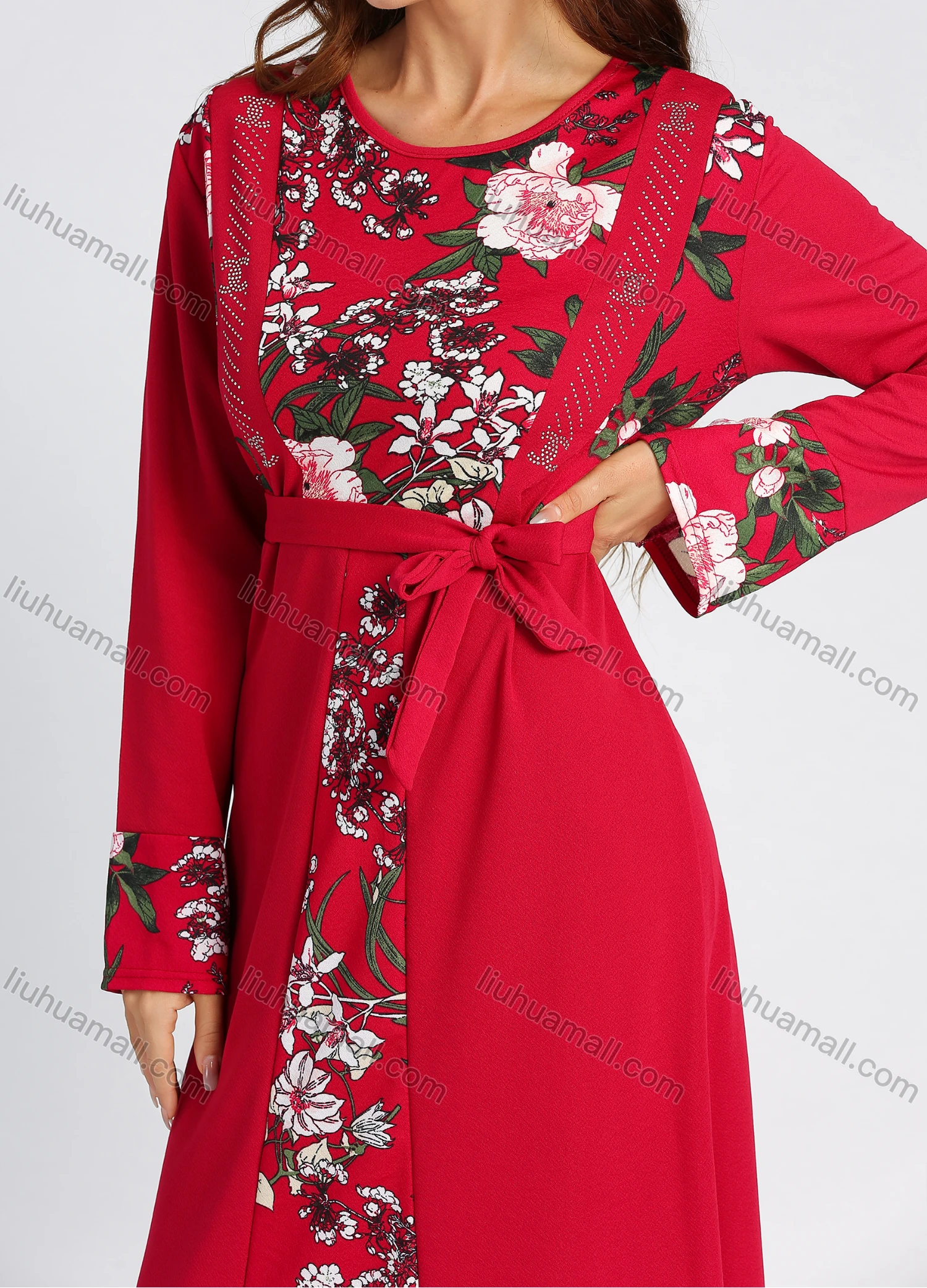 Wholesale Women's Long Sleeve Round Neck Floral Print Splicing Rhinestone Maxi Dress With Belt - Liuhuamall