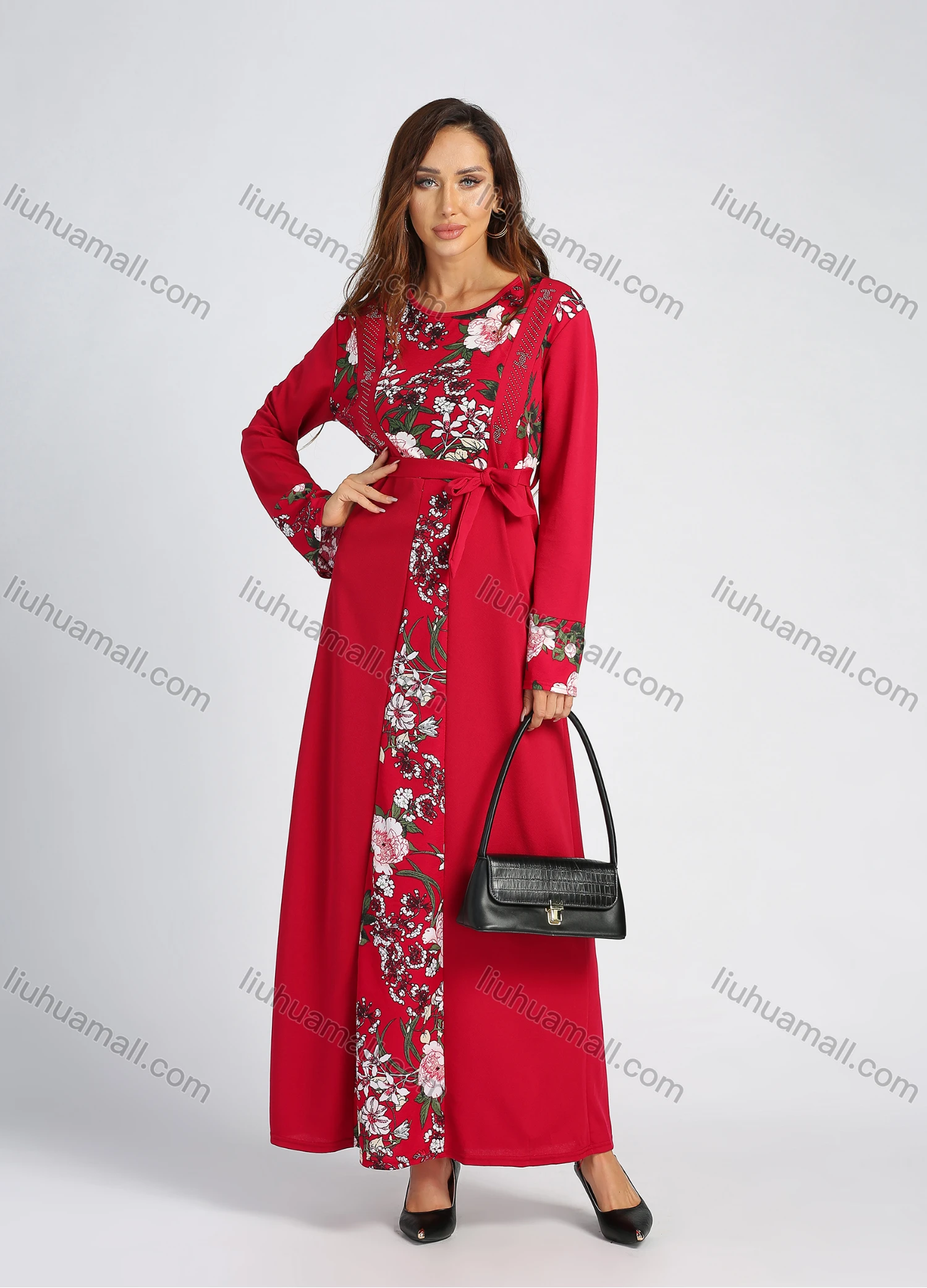 Wholesale Women's Long Sleeve Round Neck Floral Print Splicing Rhinestone Maxi Dress With Belt - Liuhuamall