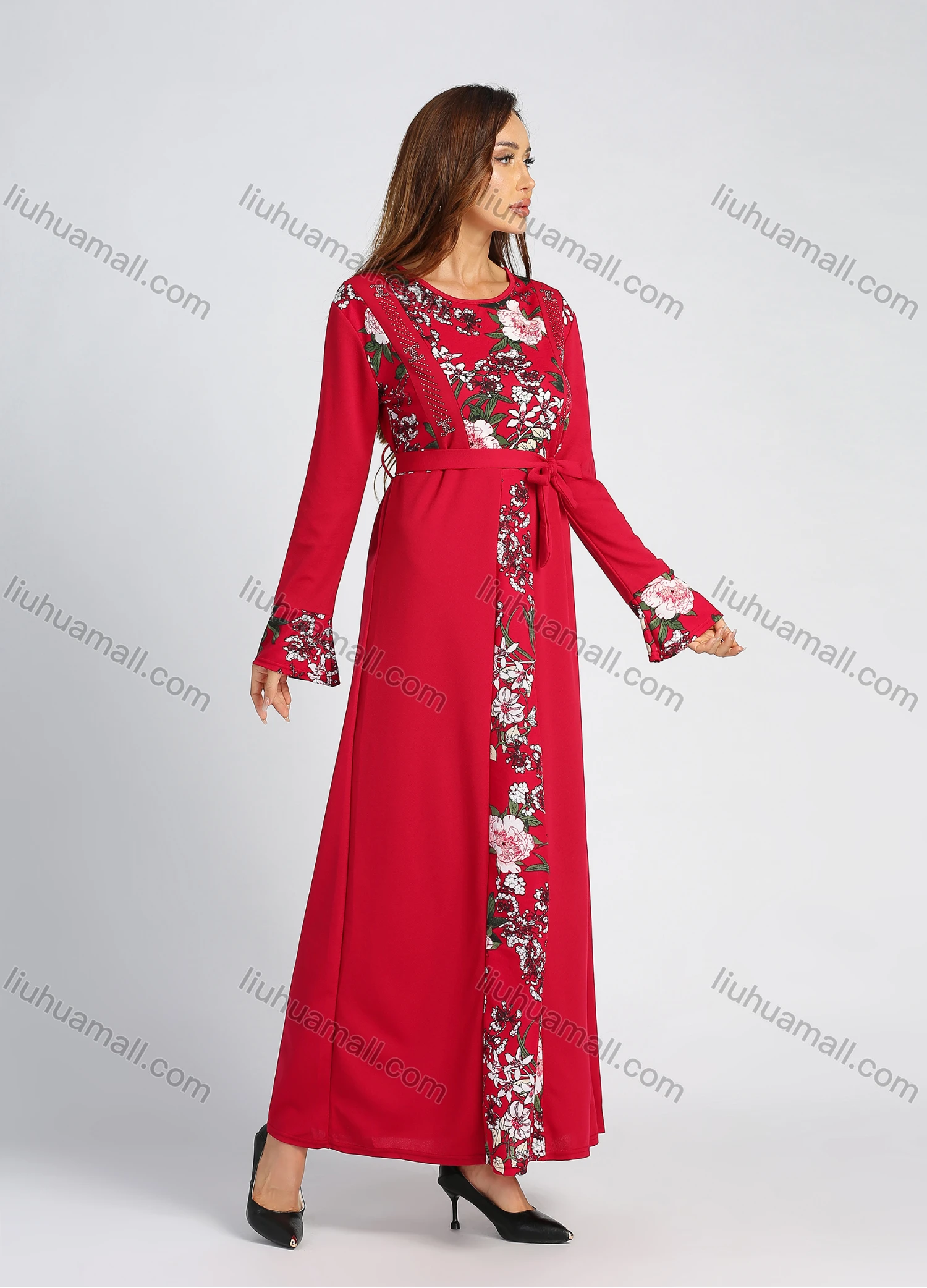 Wholesale Women's Long Sleeve Round Neck Floral Print Splicing Rhinestone Maxi Dress With Belt - Liuhuamall