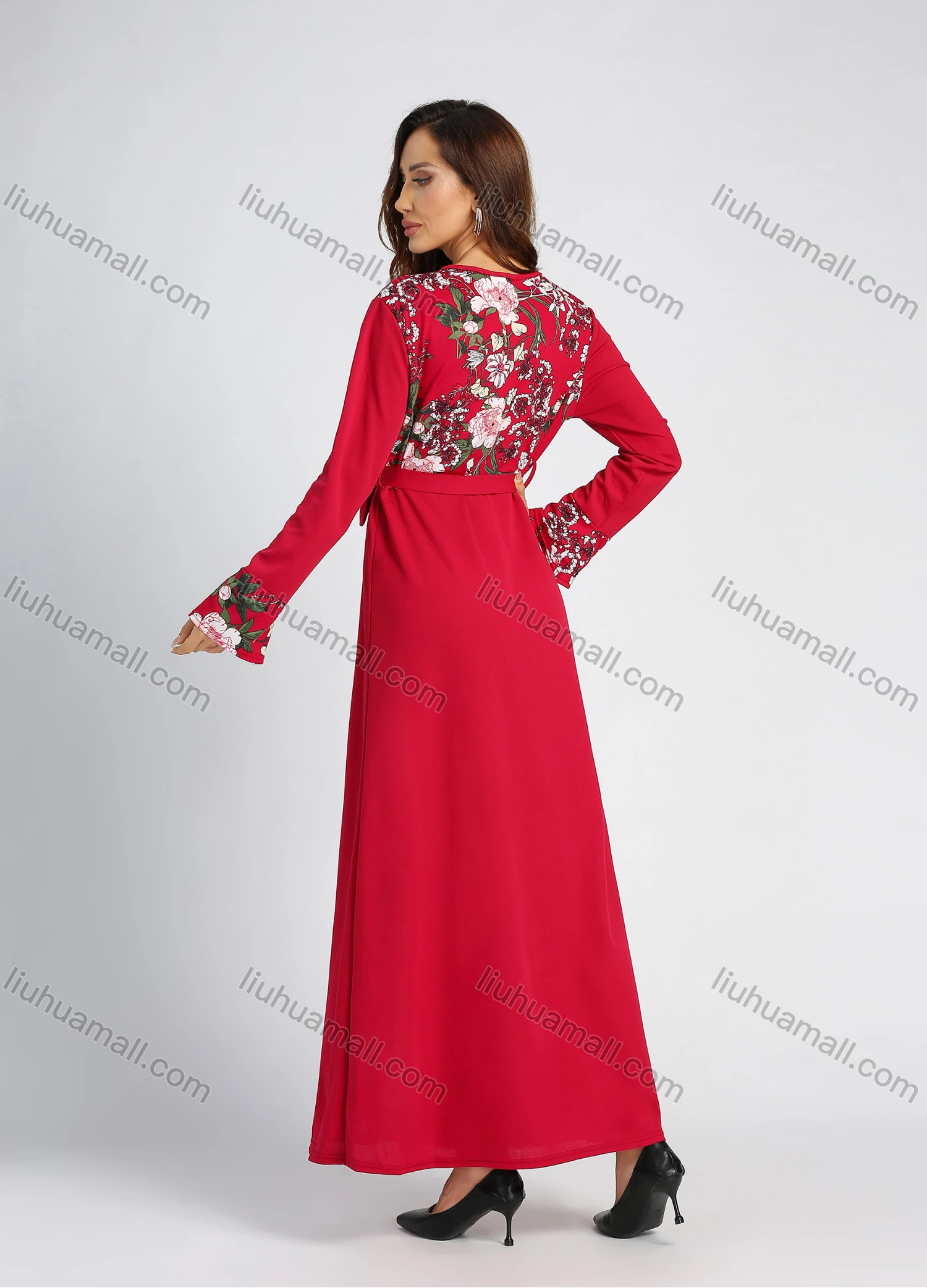 Wholesale Women's Long Sleeve Round Neck Floral Print Splicing Rhinestone Maxi Dress With Belt - Liuhuamall