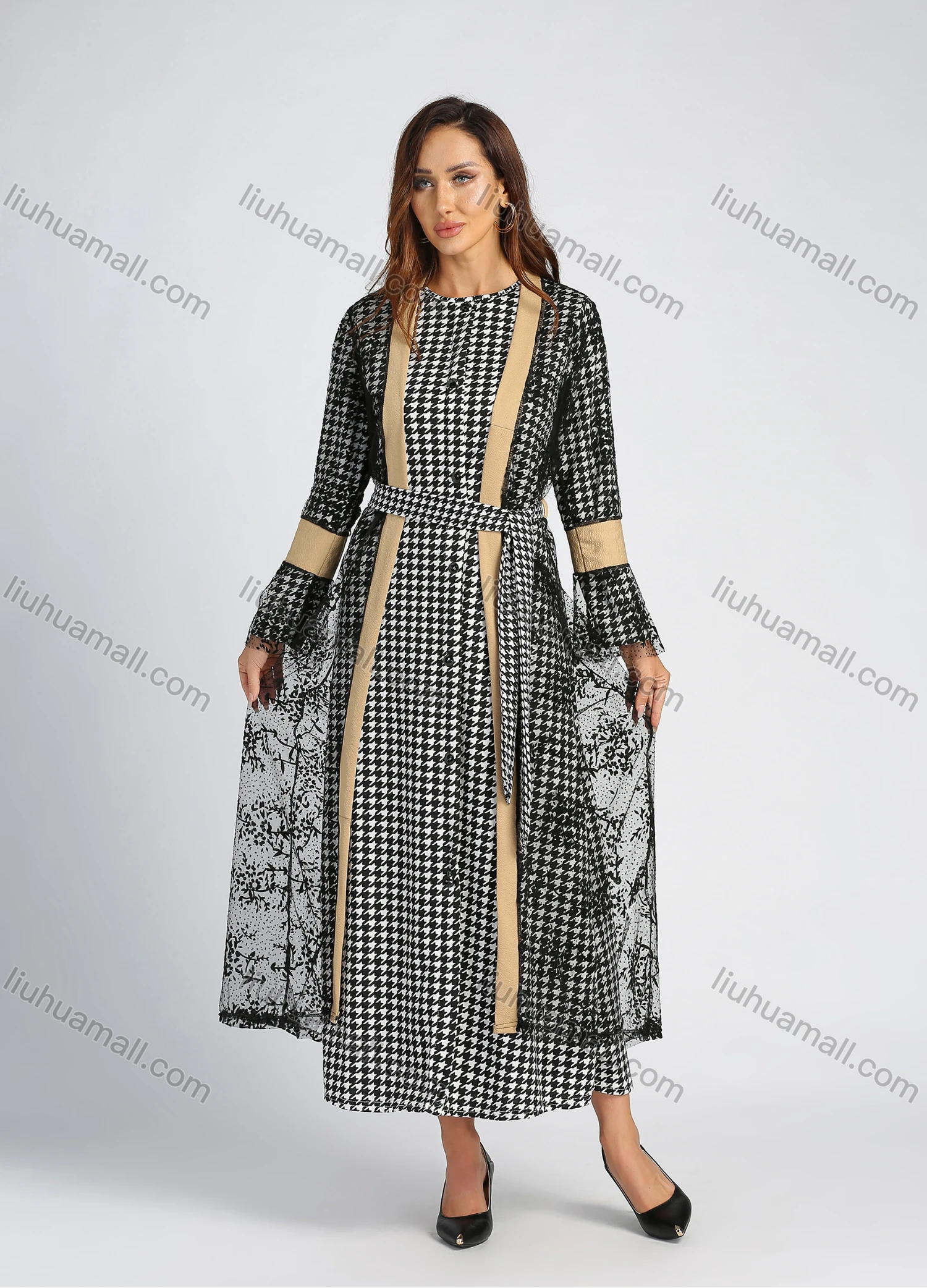 Wholesale Women's Elegant Bell Sleeve Lace Splicing Allover Houndstooth Print Button Down Maxi Dress With Belt - Liuhuamall