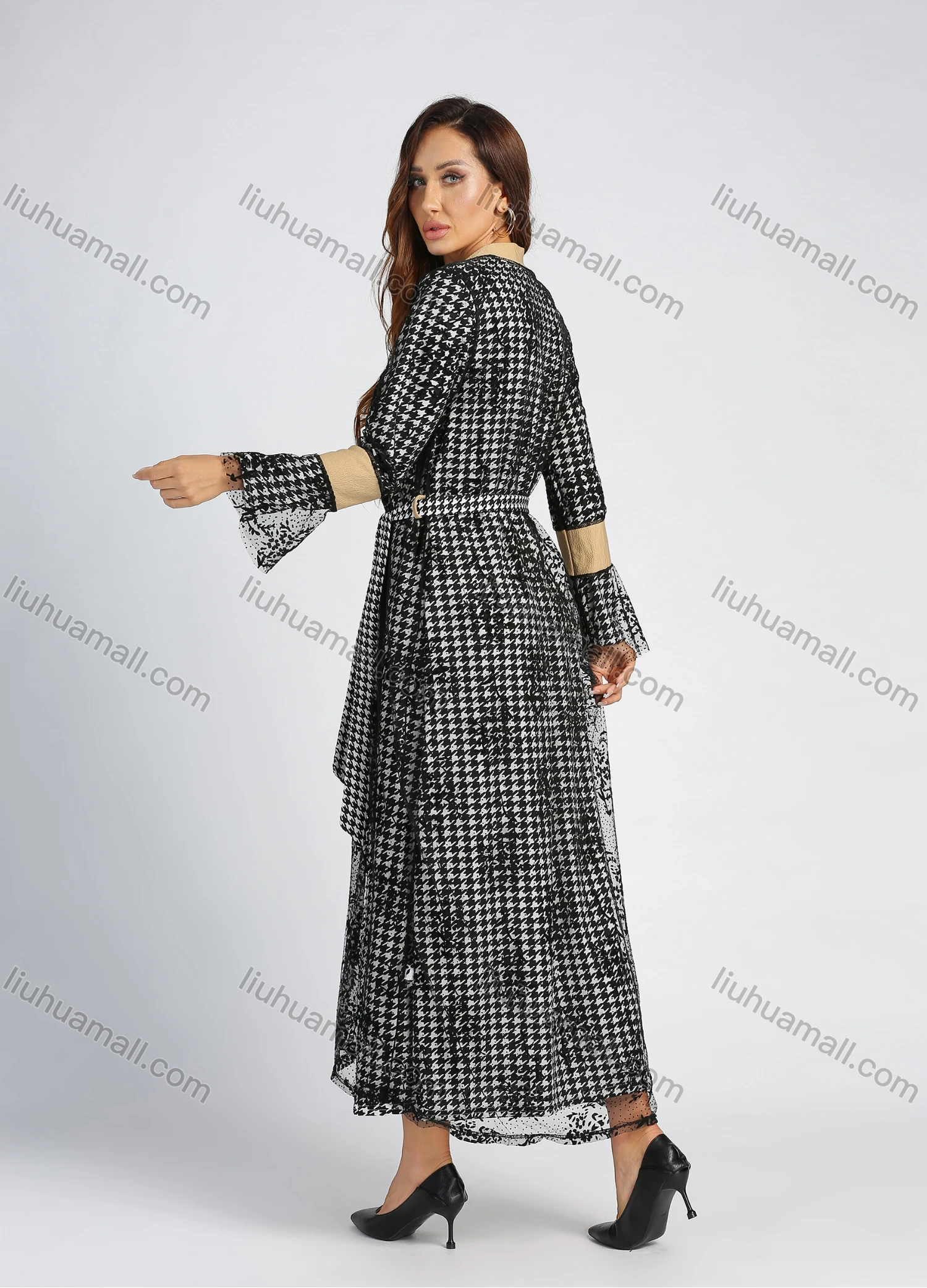 Wholesale Women's Elegant Bell Sleeve Lace Splicing Allover Houndstooth Print Button Down Maxi Dress With Belt - Liuhuamall