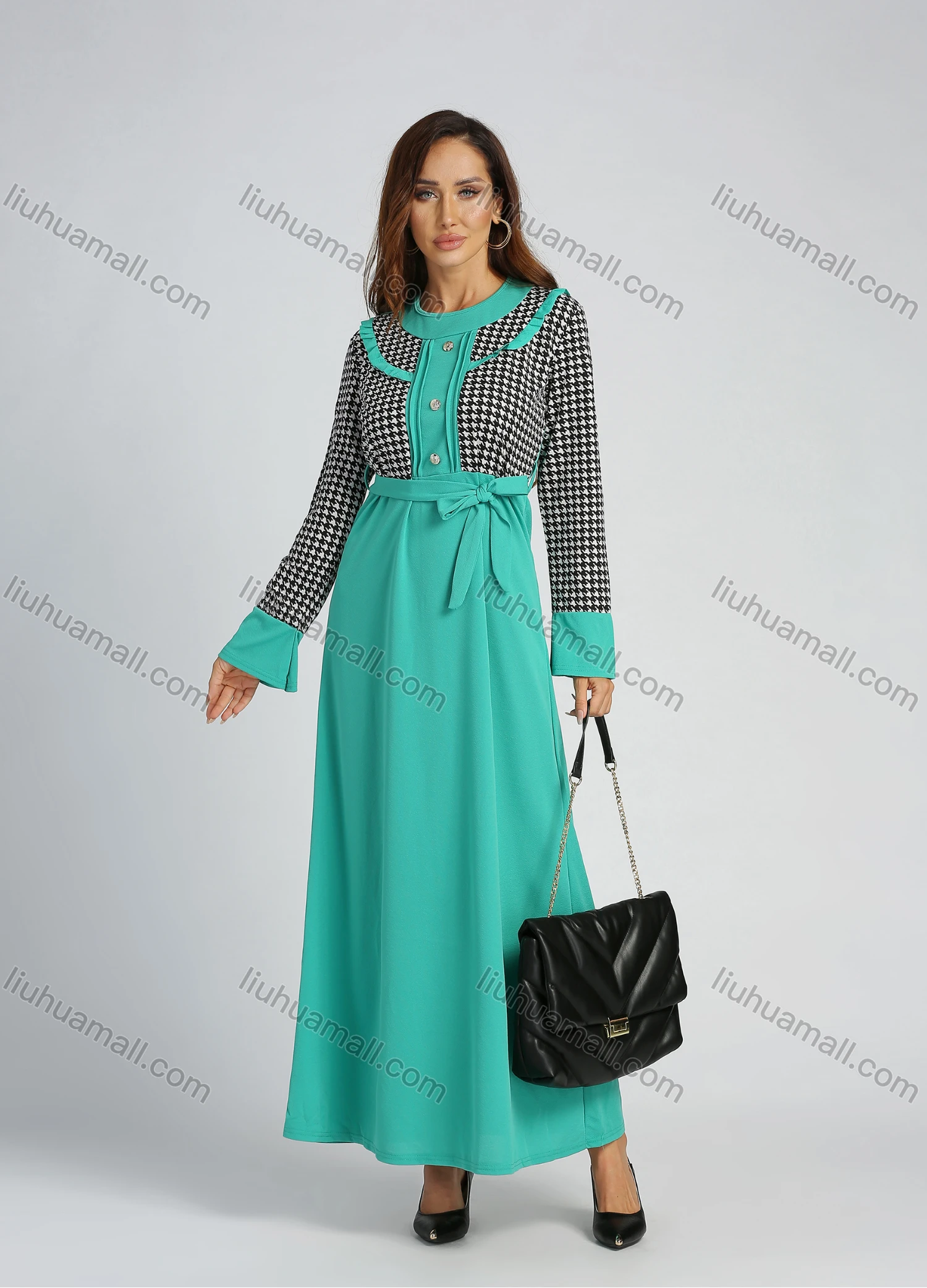 Wholesale Women's Elegant Long Sleeve Splicing Houndstooth Print Maxi Dress With Belt - Liuhuamall