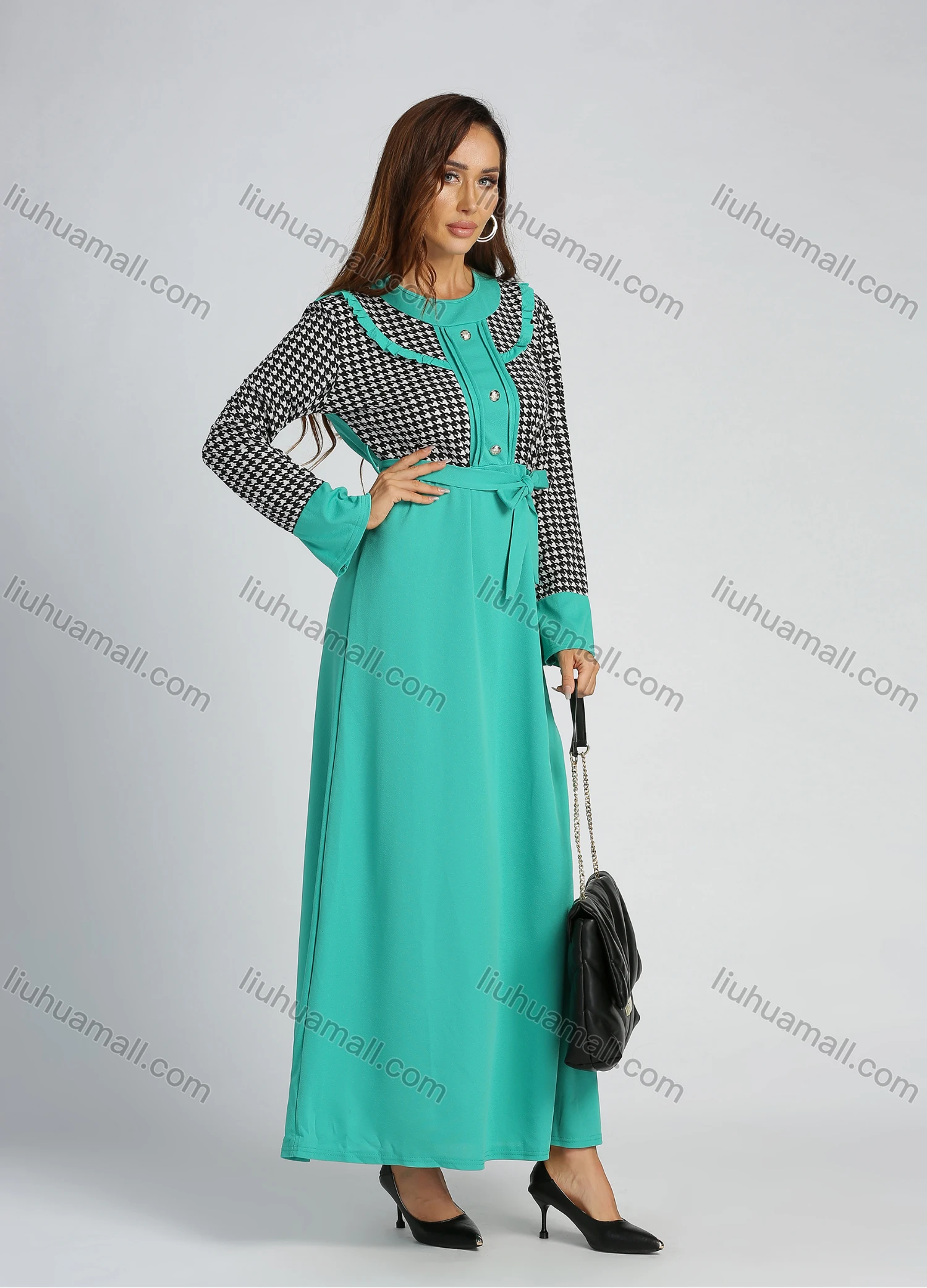 Wholesale Women's Elegant Long Sleeve Splicing Houndstooth Print Maxi Dress With Belt - Liuhuamall