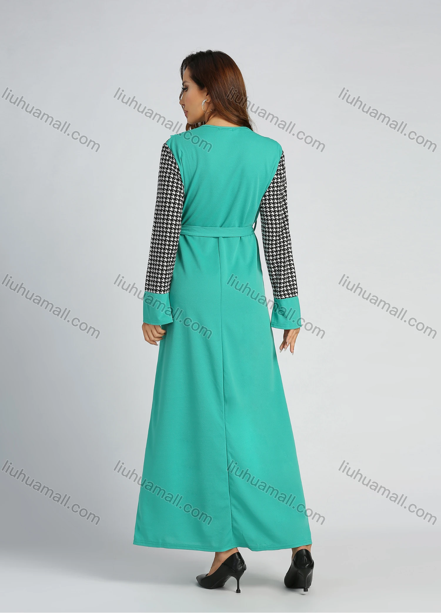 Wholesale Women's Elegant Long Sleeve Splicing Houndstooth Print Maxi Dress With Belt - Liuhuamall