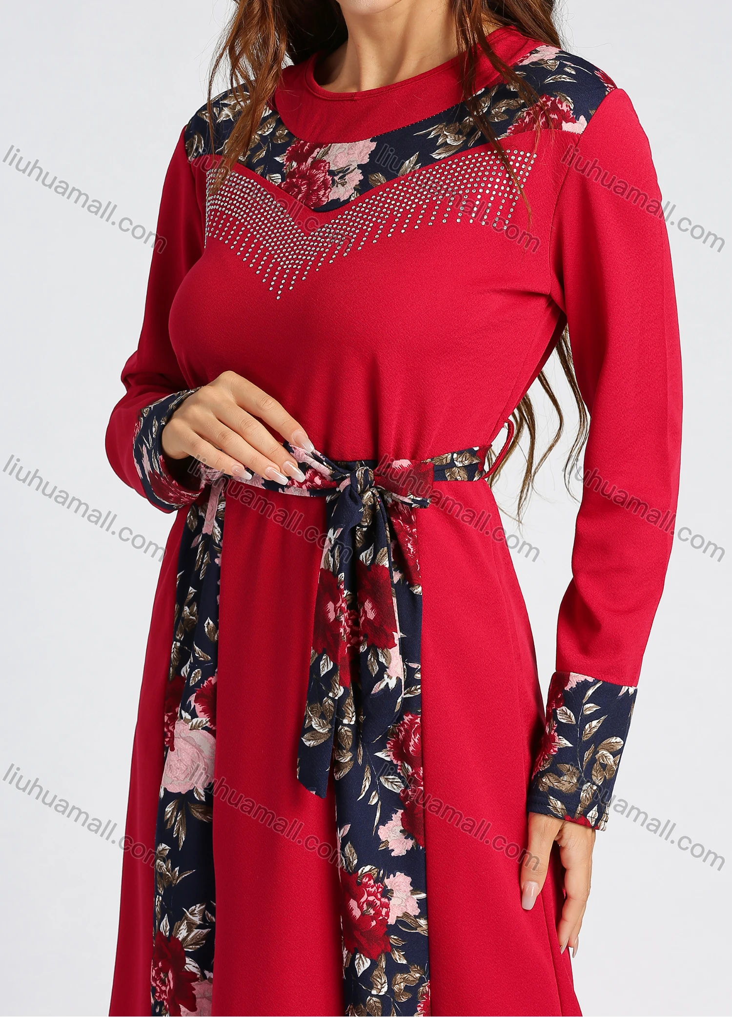 Wholesale Women's Elegant Long Sleeve Rhinestone Floral Print Splicing Maxi Dress With Belt - Liuhuamall