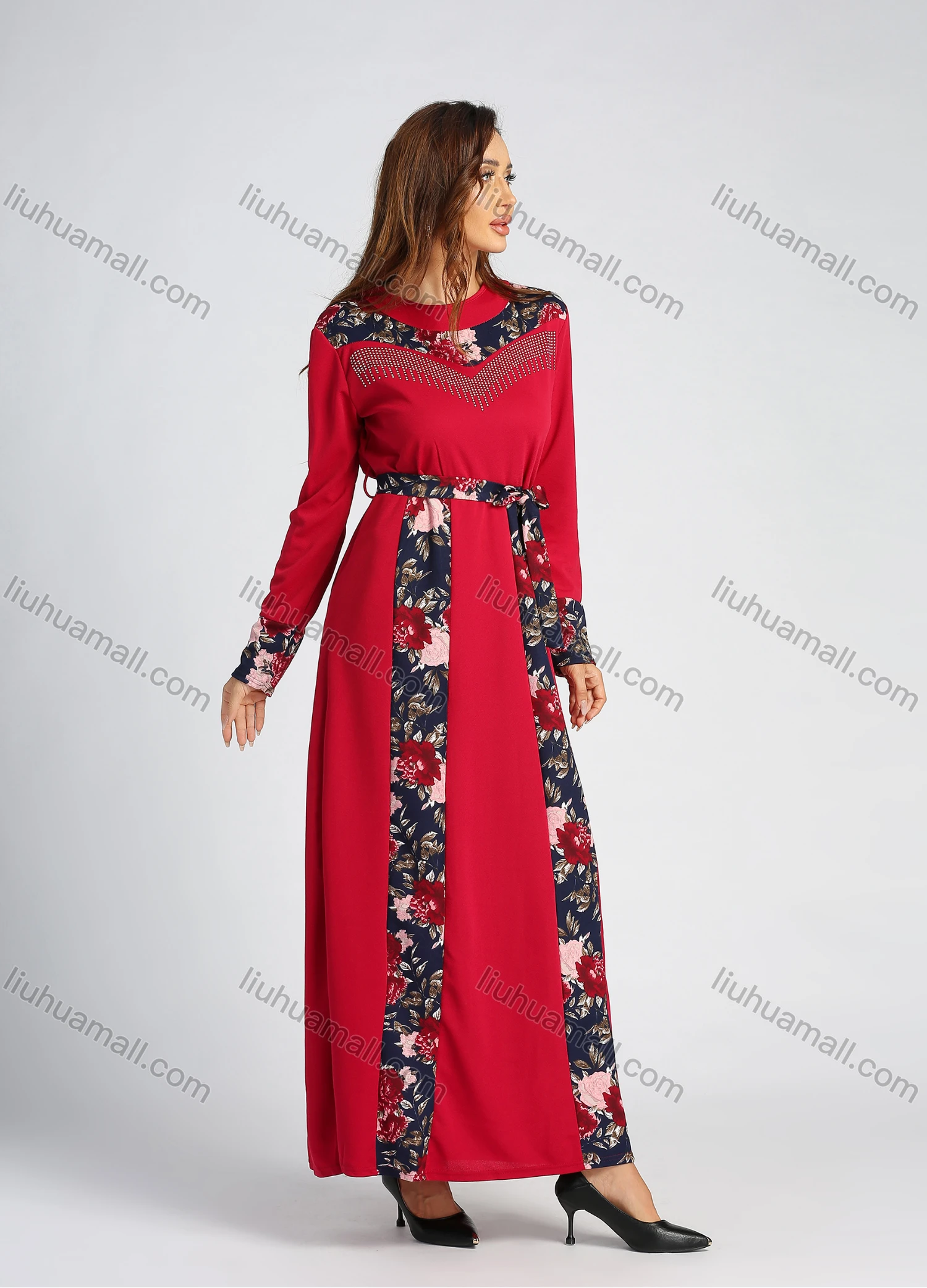 Wholesale Women's Elegant Long Sleeve Rhinestone Floral Print Splicing Maxi Dress With Belt - Liuhuamall