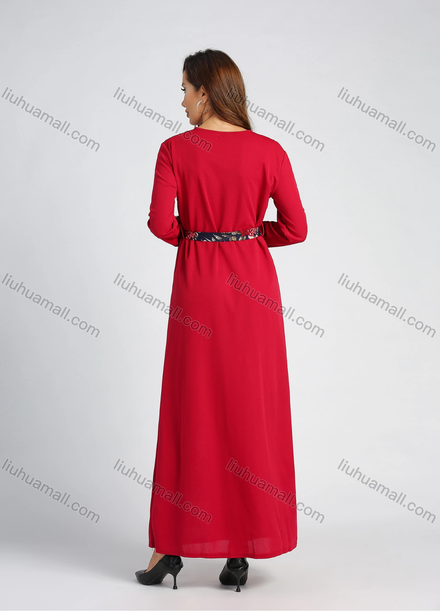 Wholesale Women's Elegant Long Sleeve Rhinestone Floral Print Splicing Maxi Dress With Belt - Liuhuamall