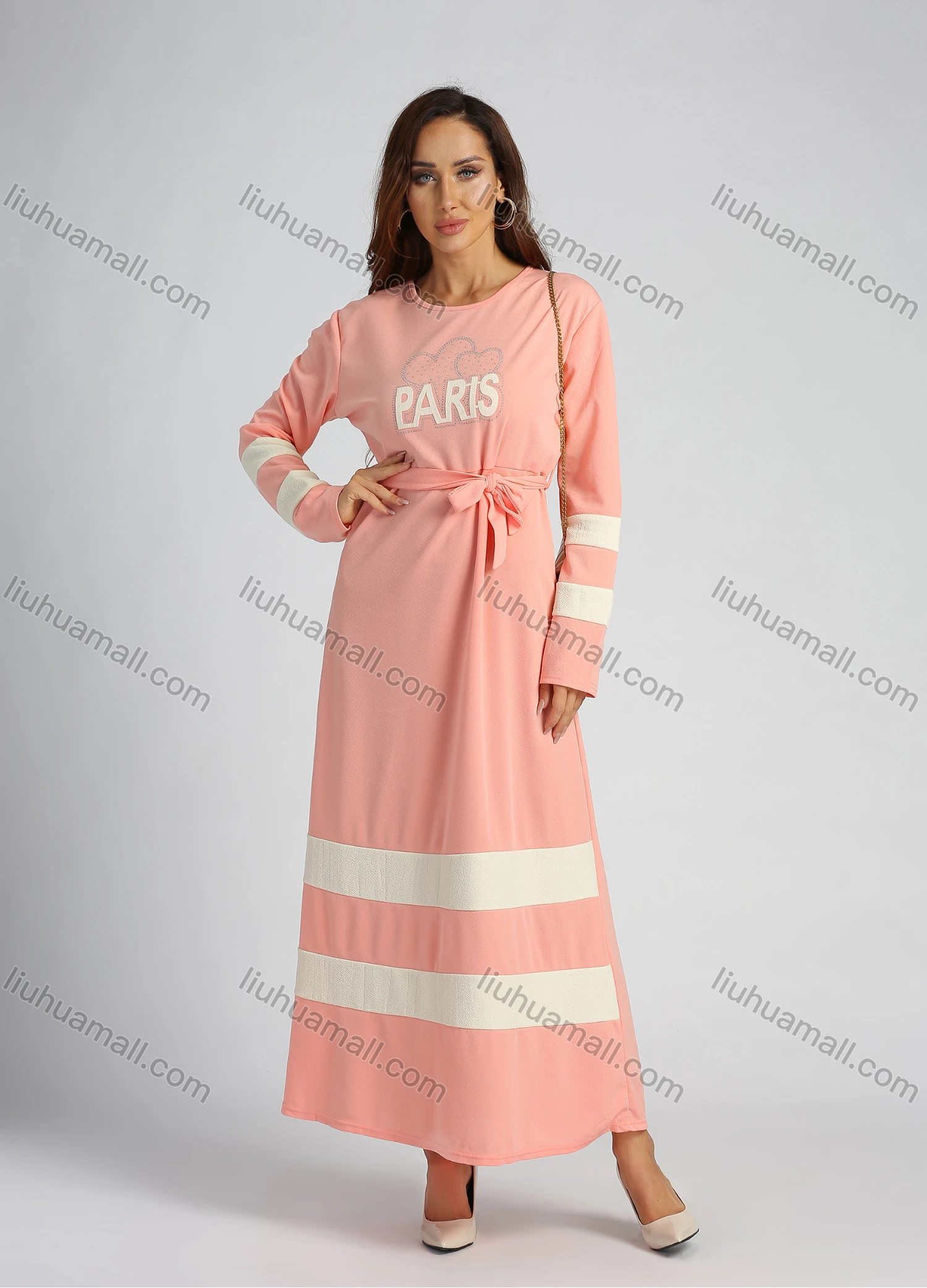 Wholesale Women's Long Sleeve Round Neck Splicing Letter Rhinestone Maxi Dress With Belt - Liuhuamall