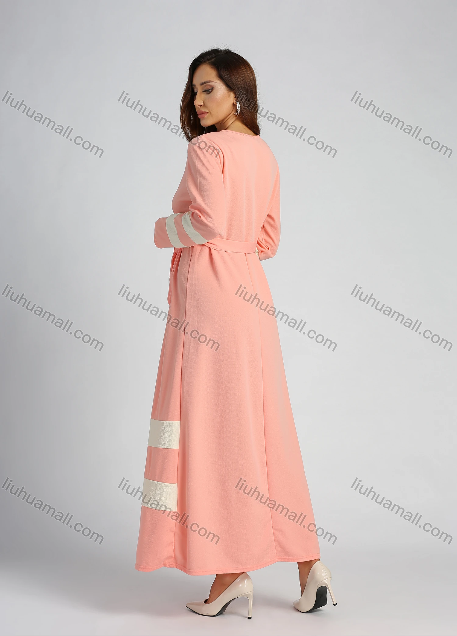 Wholesale Women's Long Sleeve Round Neck Splicing Letter Rhinestone Maxi Dress With Belt - Liuhuamall